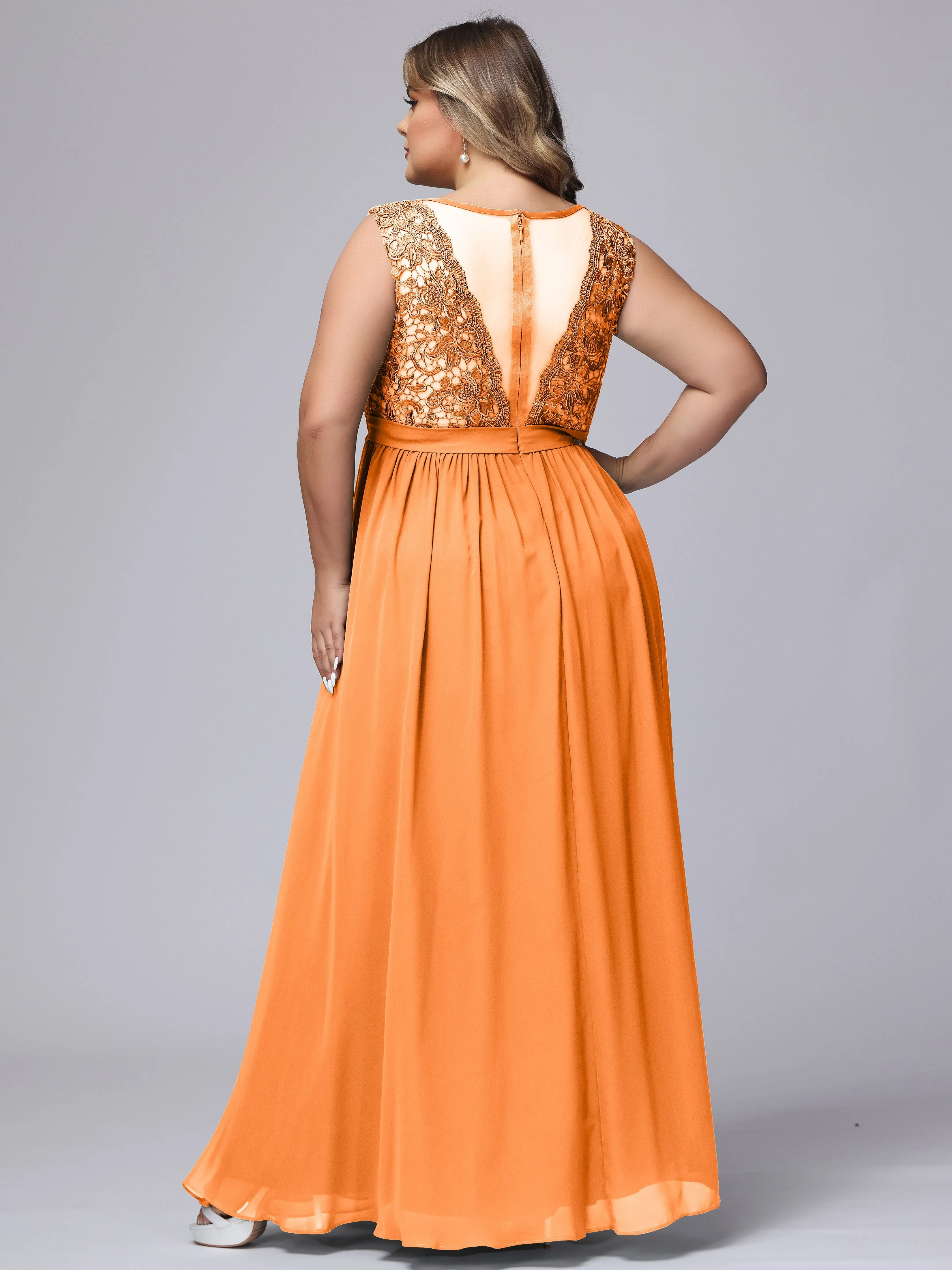 A-Line Sleeveless Lace Top Chiffon Plus Size Bridesmaid Dresses