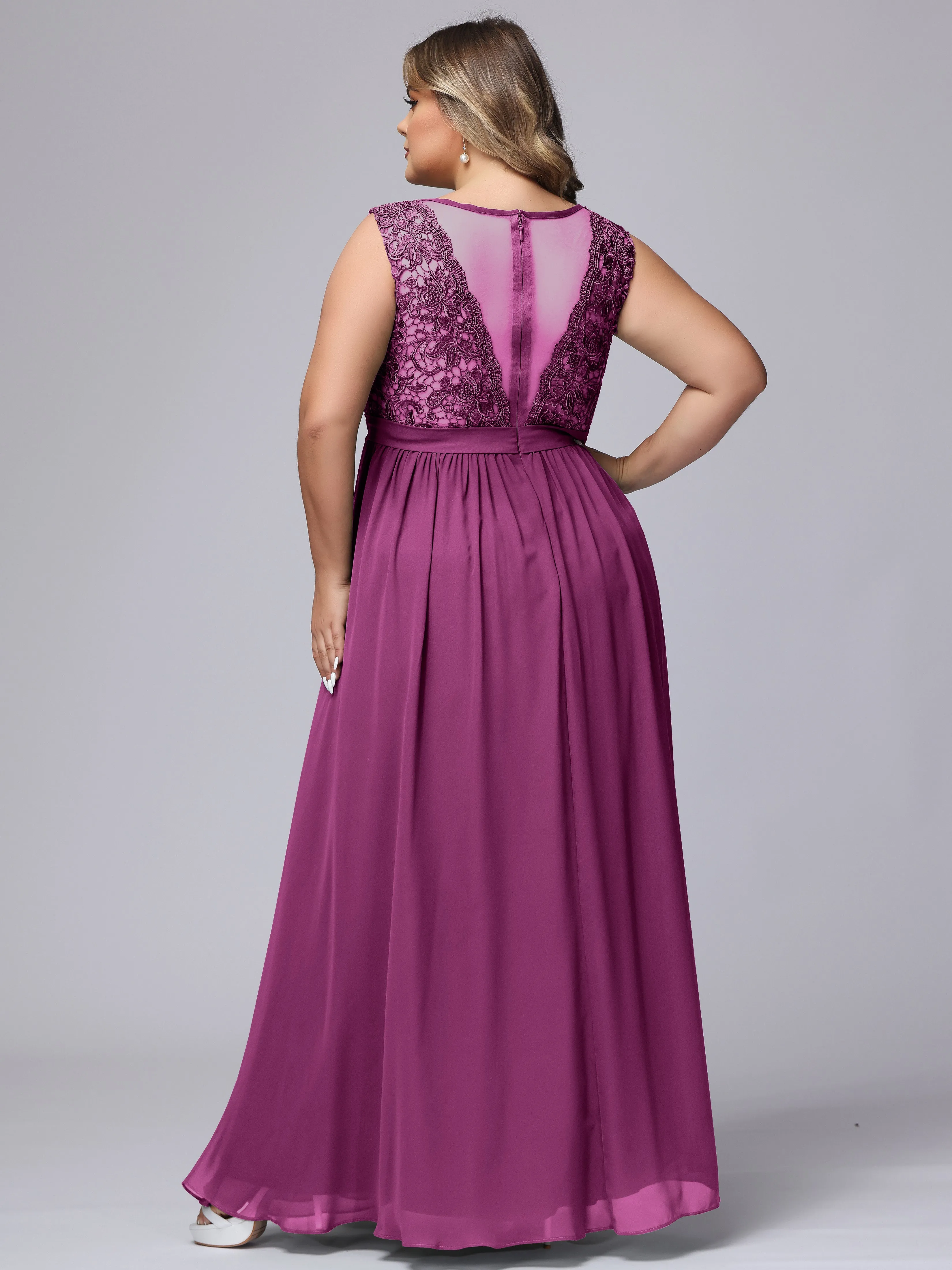 A-Line Sleeveless Lace Top Chiffon Plus Size Bridesmaid Dresses