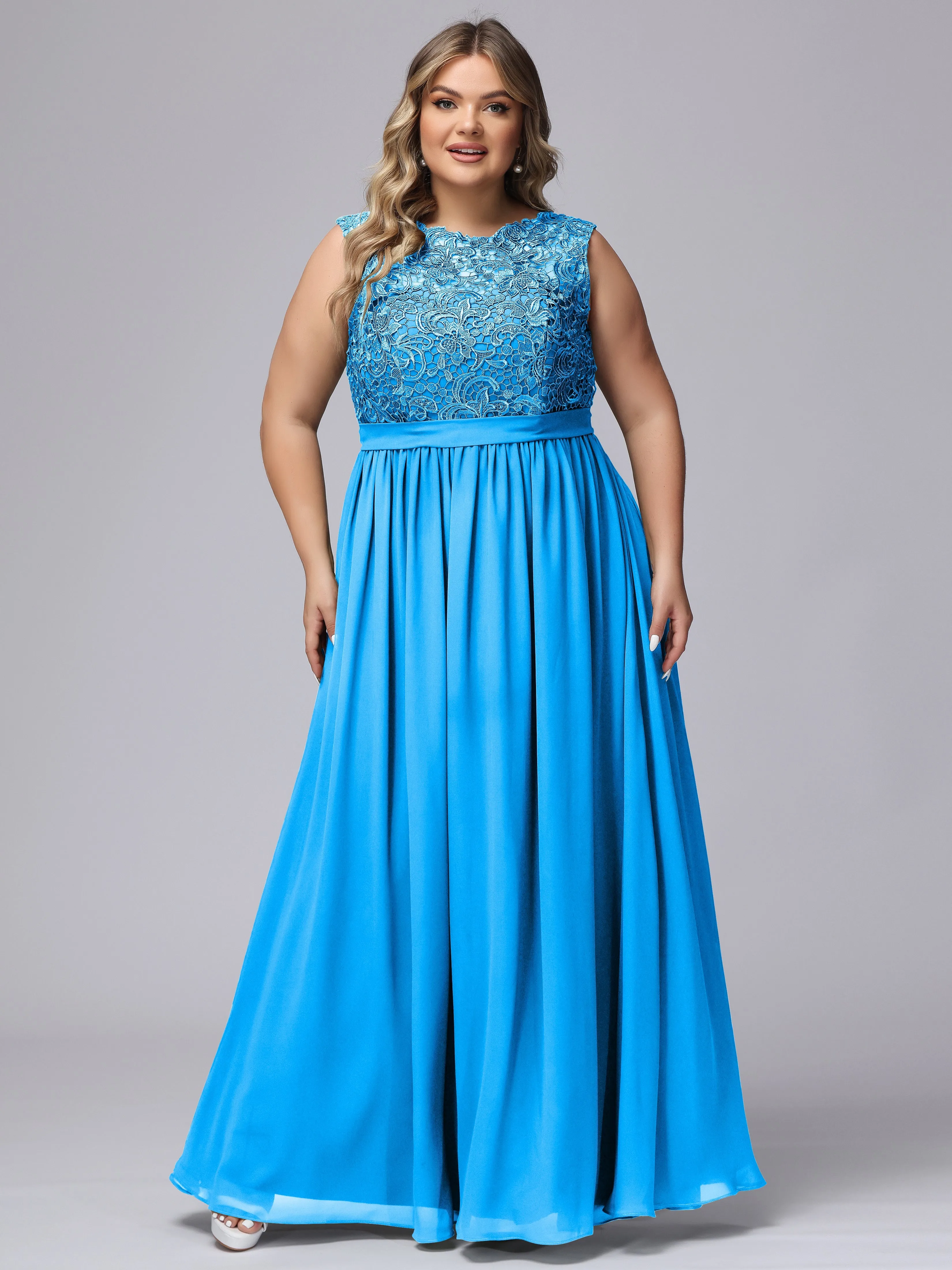 A-Line Sleeveless Lace Top Chiffon Plus Size Bridesmaid Dresses