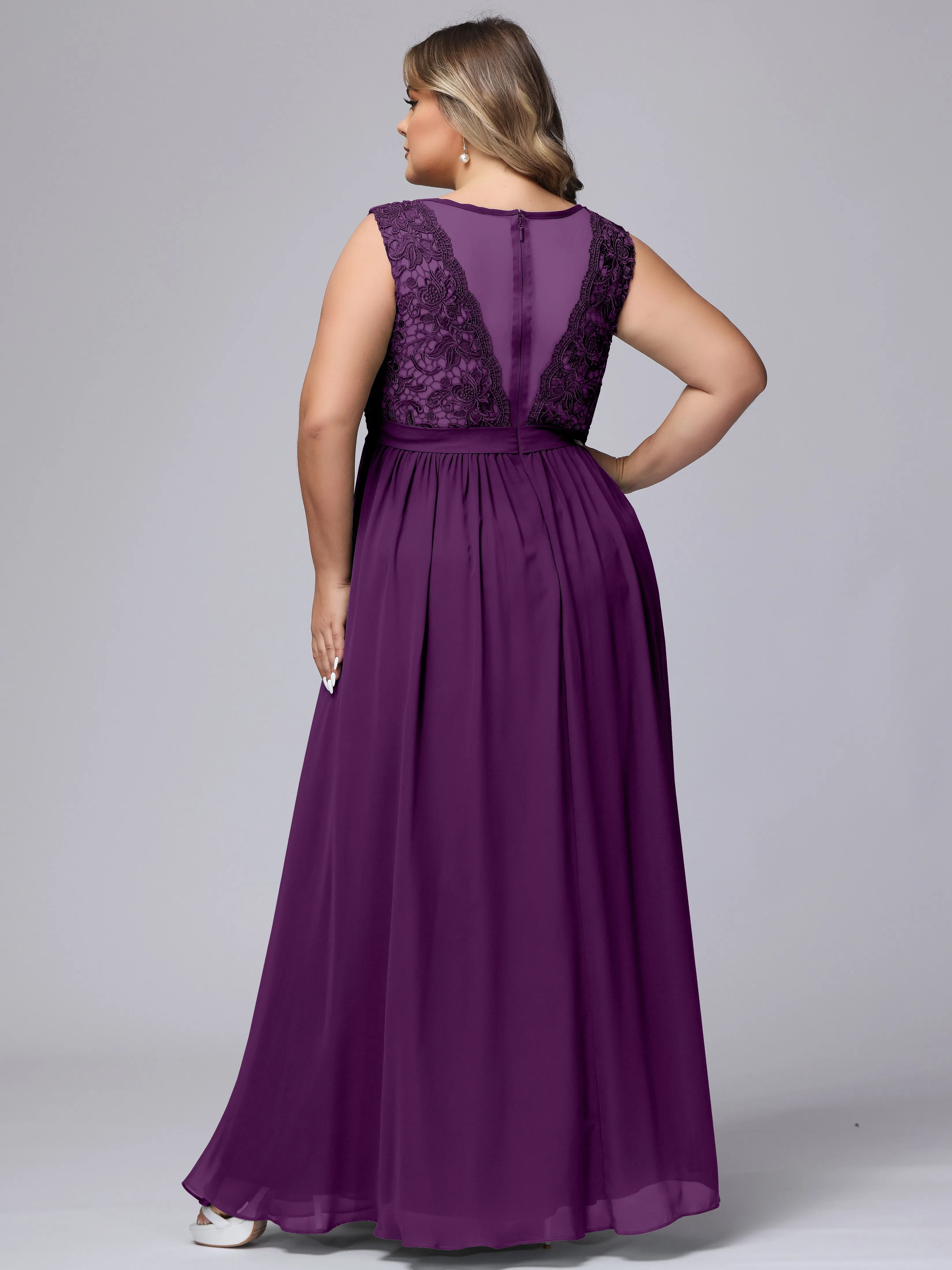 A-Line Sleeveless Lace Top Chiffon Plus Size Bridesmaid Dresses
