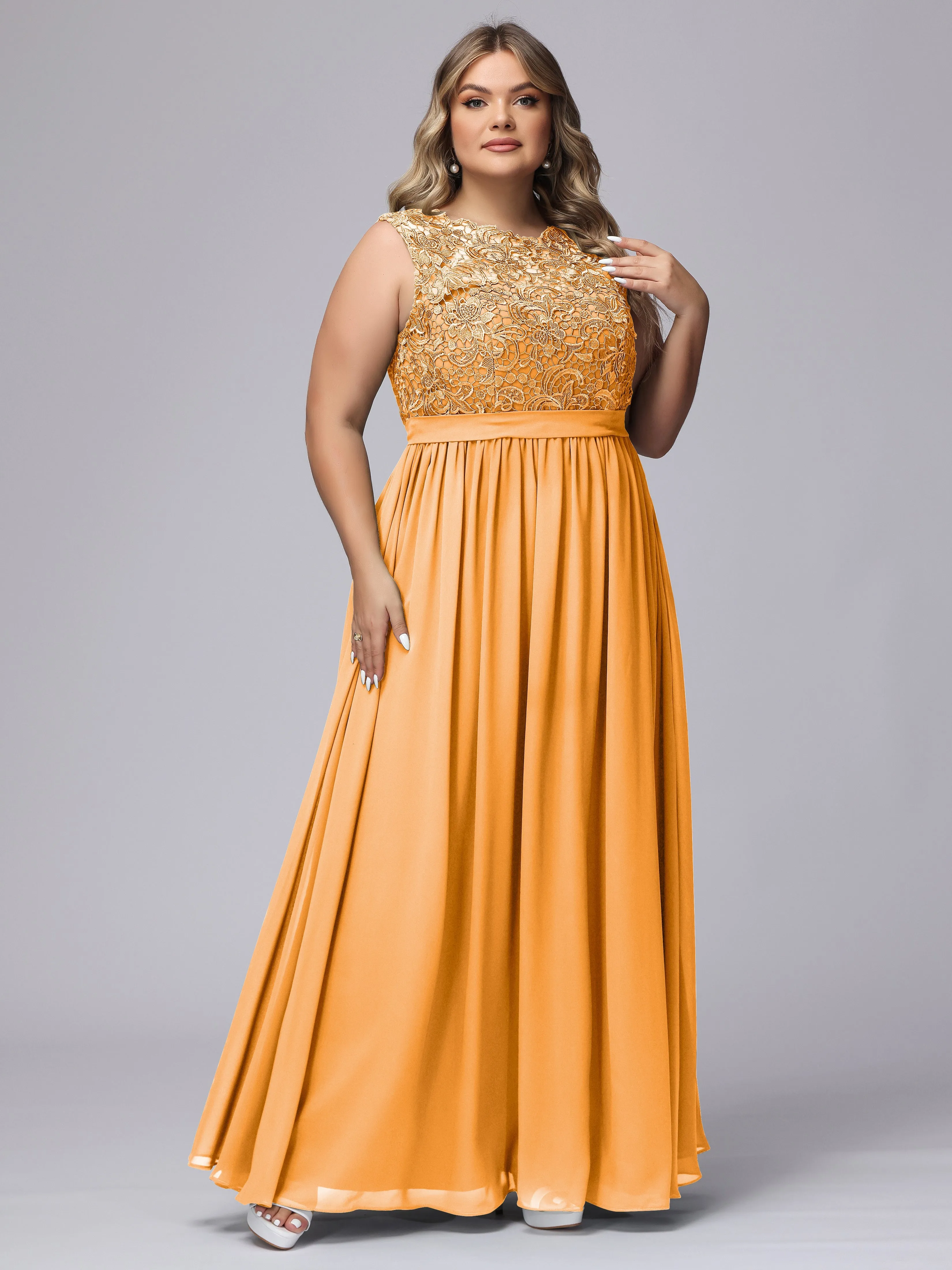 A-Line Sleeveless Lace Top Chiffon Plus Size Bridesmaid Dresses