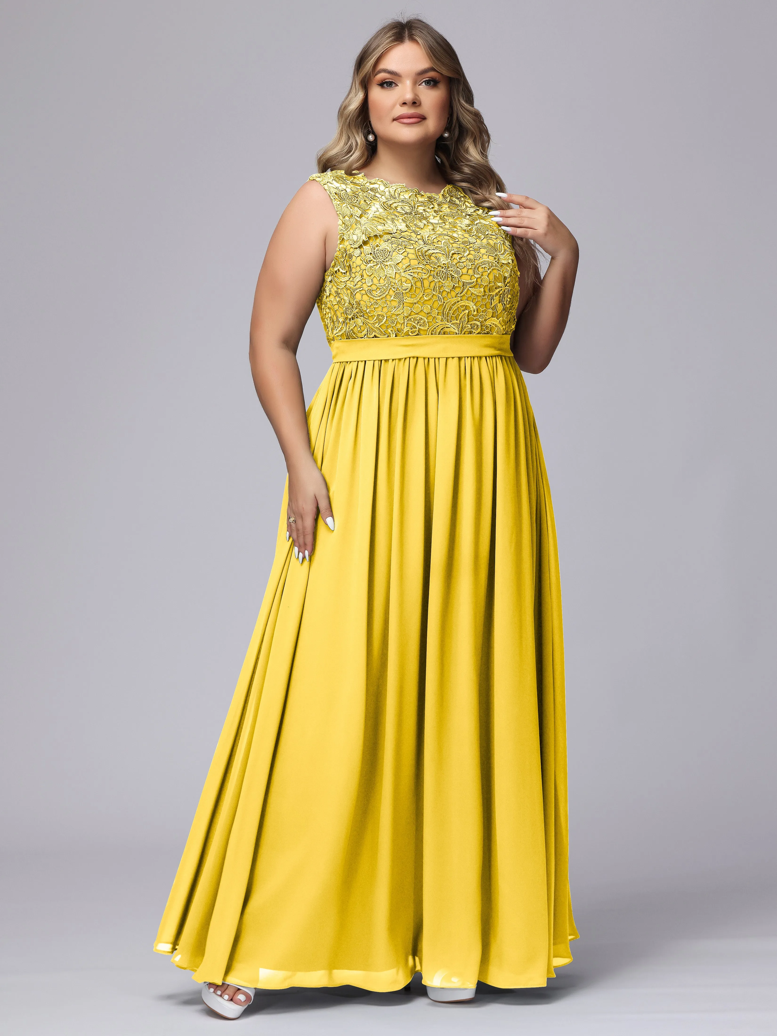 A-Line Sleeveless Lace Top Chiffon Plus Size Bridesmaid Dresses