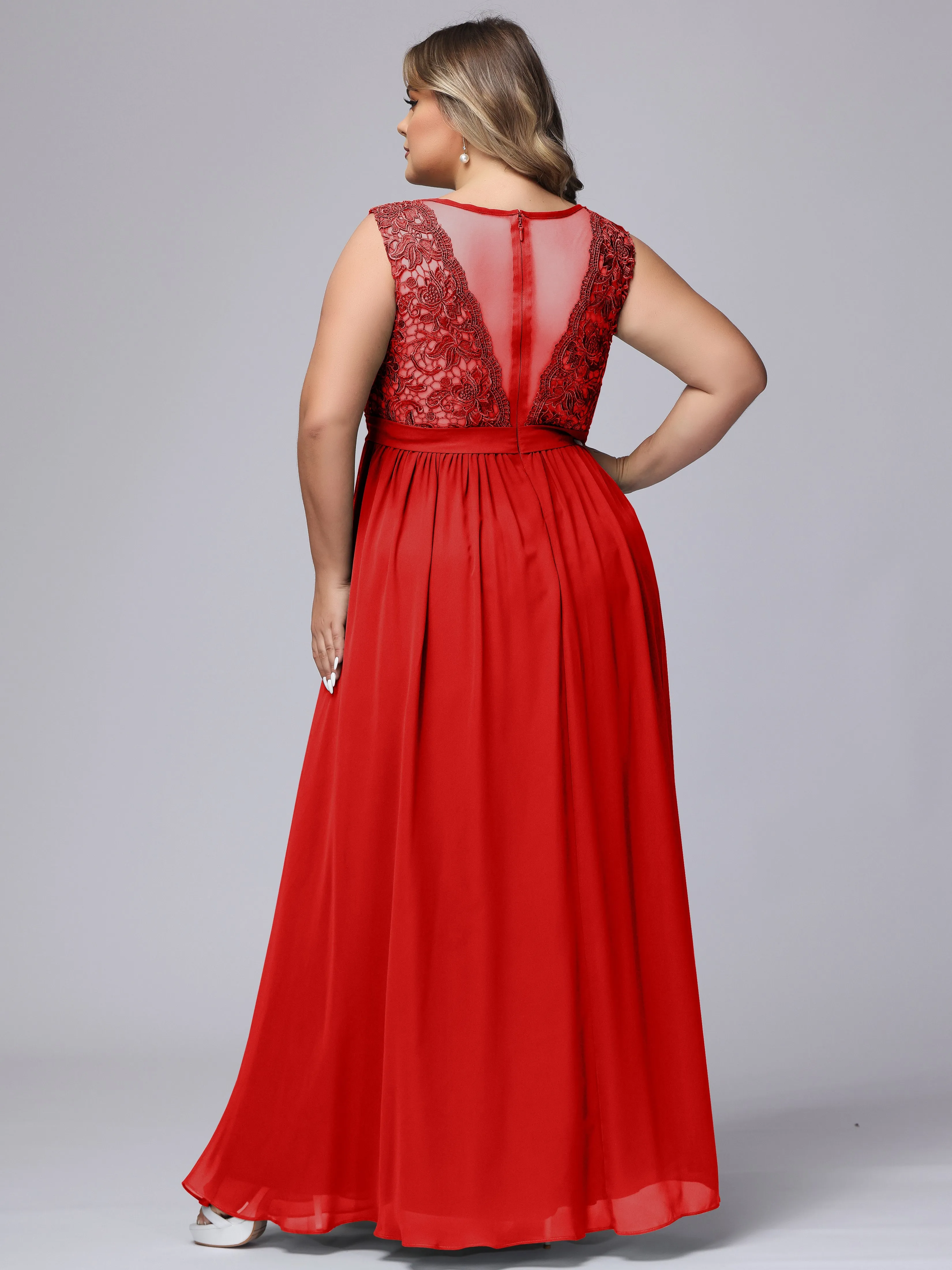 A-Line Sleeveless Lace Top Chiffon Plus Size Bridesmaid Dresses