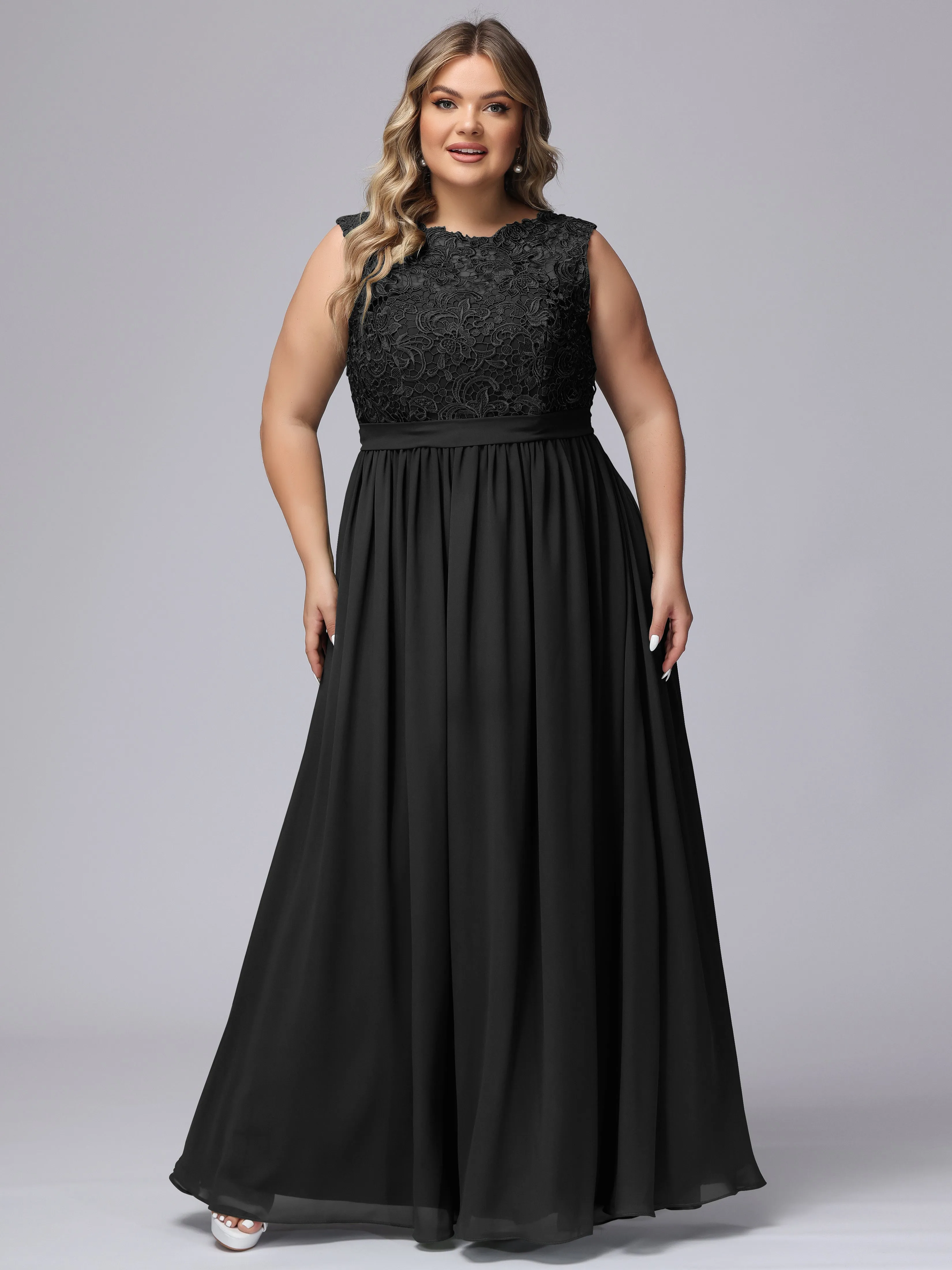 A-Line Sleeveless Lace Top Chiffon Plus Size Bridesmaid Dresses