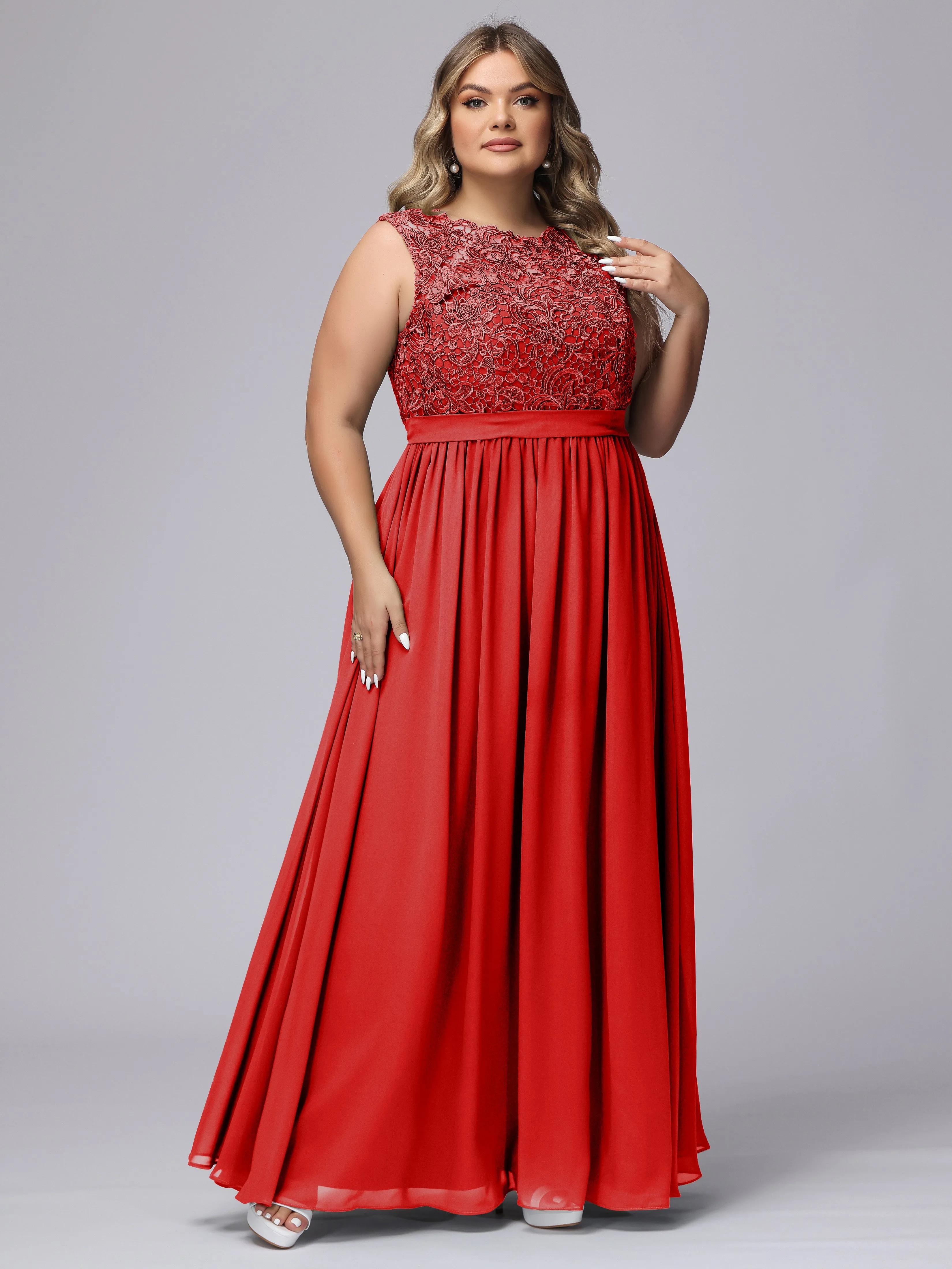 A-Line Sleeveless Lace Top Chiffon Plus Size Bridesmaid Dresses