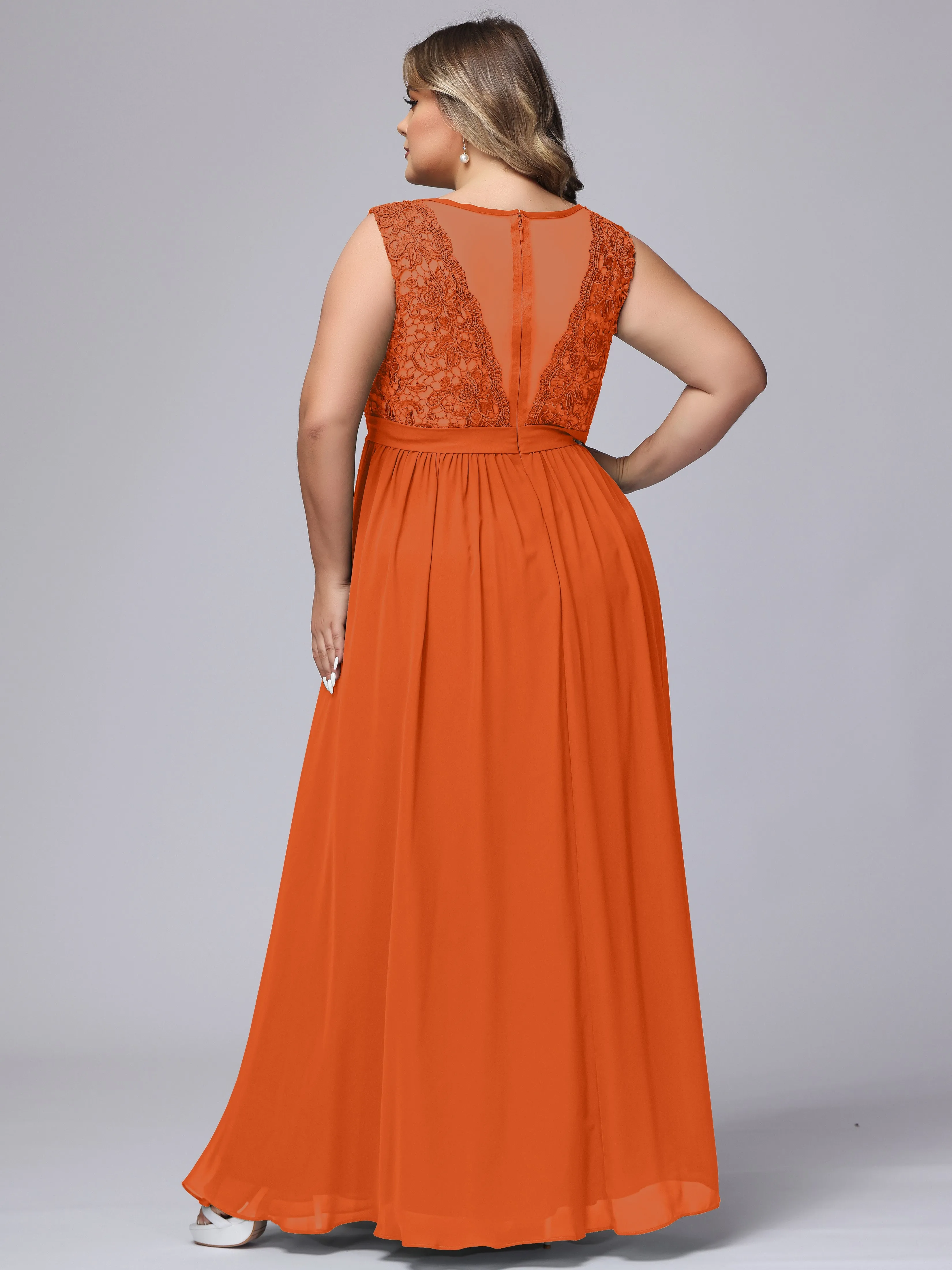 A-Line Sleeveless Lace Top Chiffon Plus Size Bridesmaid Dresses