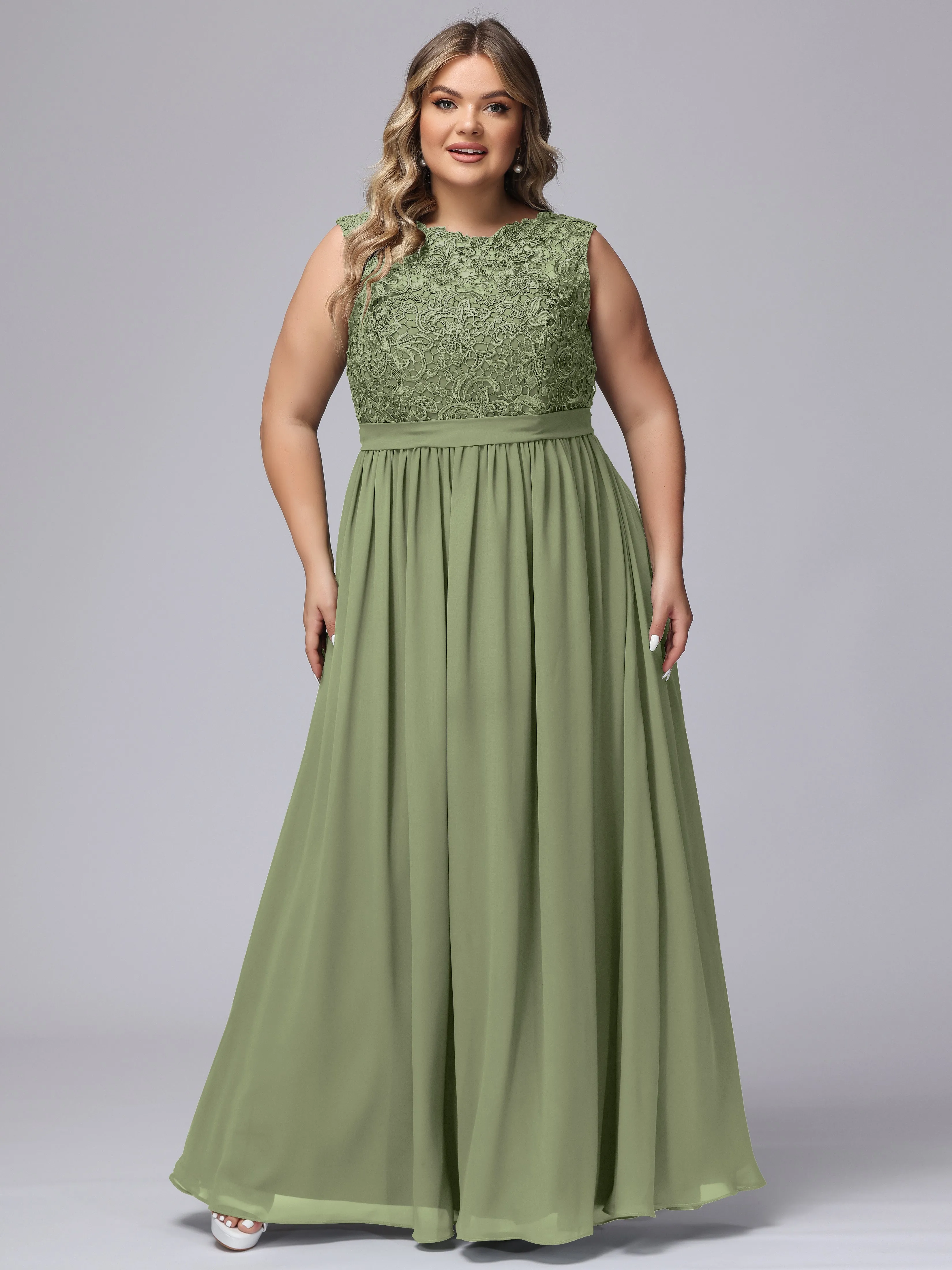 A-Line Sleeveless Lace Top Chiffon Plus Size Bridesmaid Dresses
