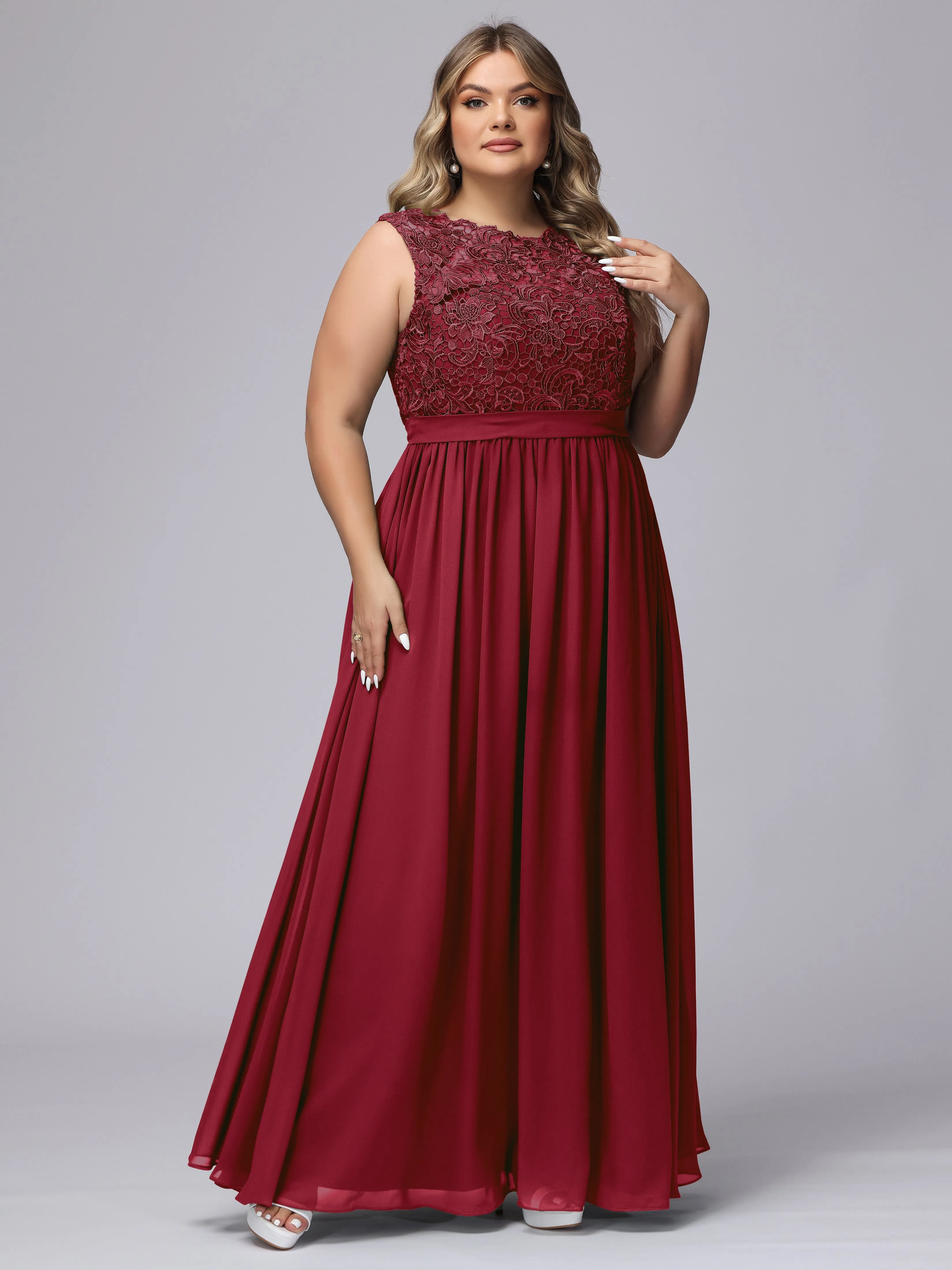 A-Line Sleeveless Lace Top Chiffon Plus Size Bridesmaid Dresses