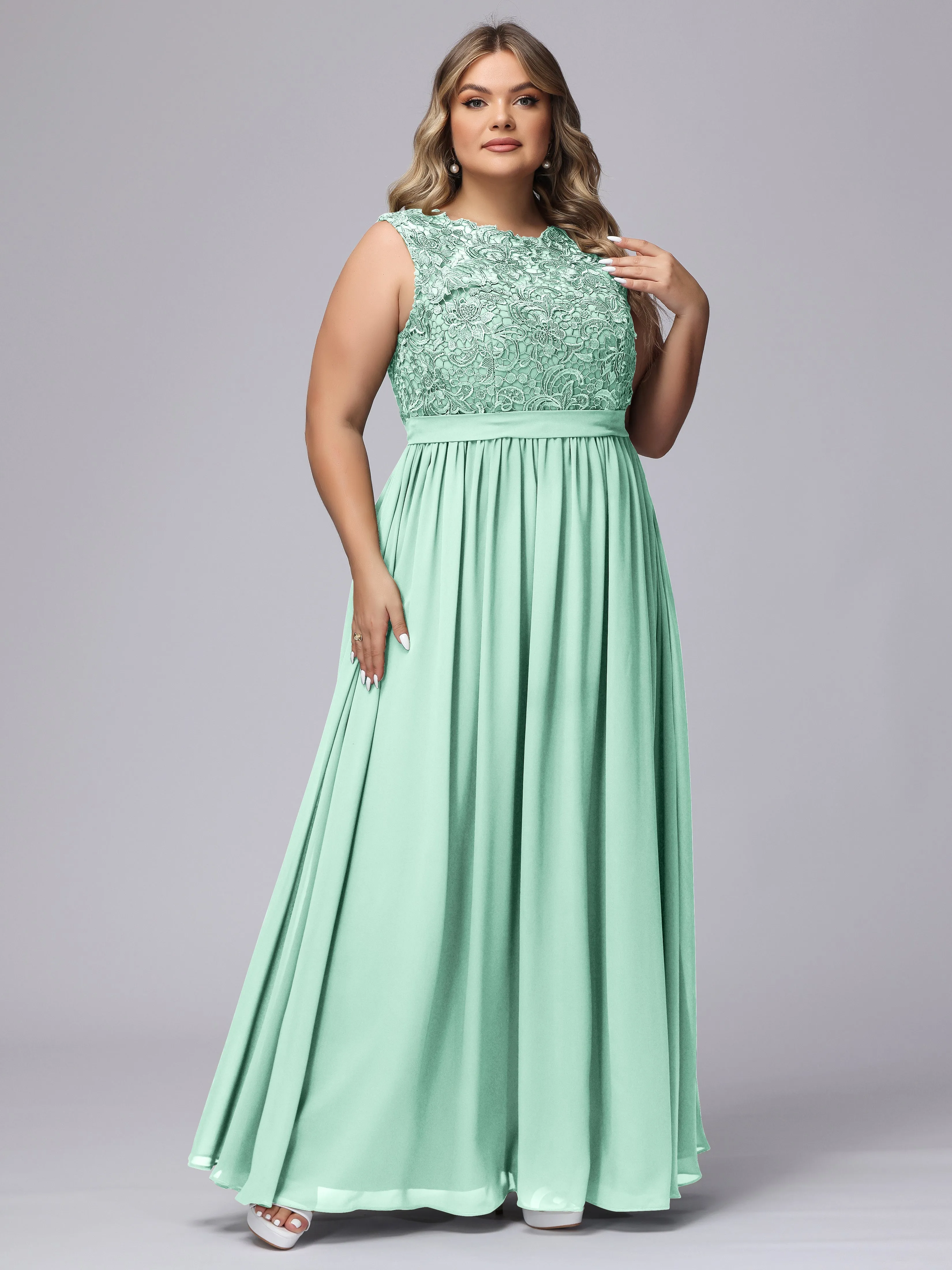 A-Line Sleeveless Lace Top Chiffon Plus Size Bridesmaid Dresses