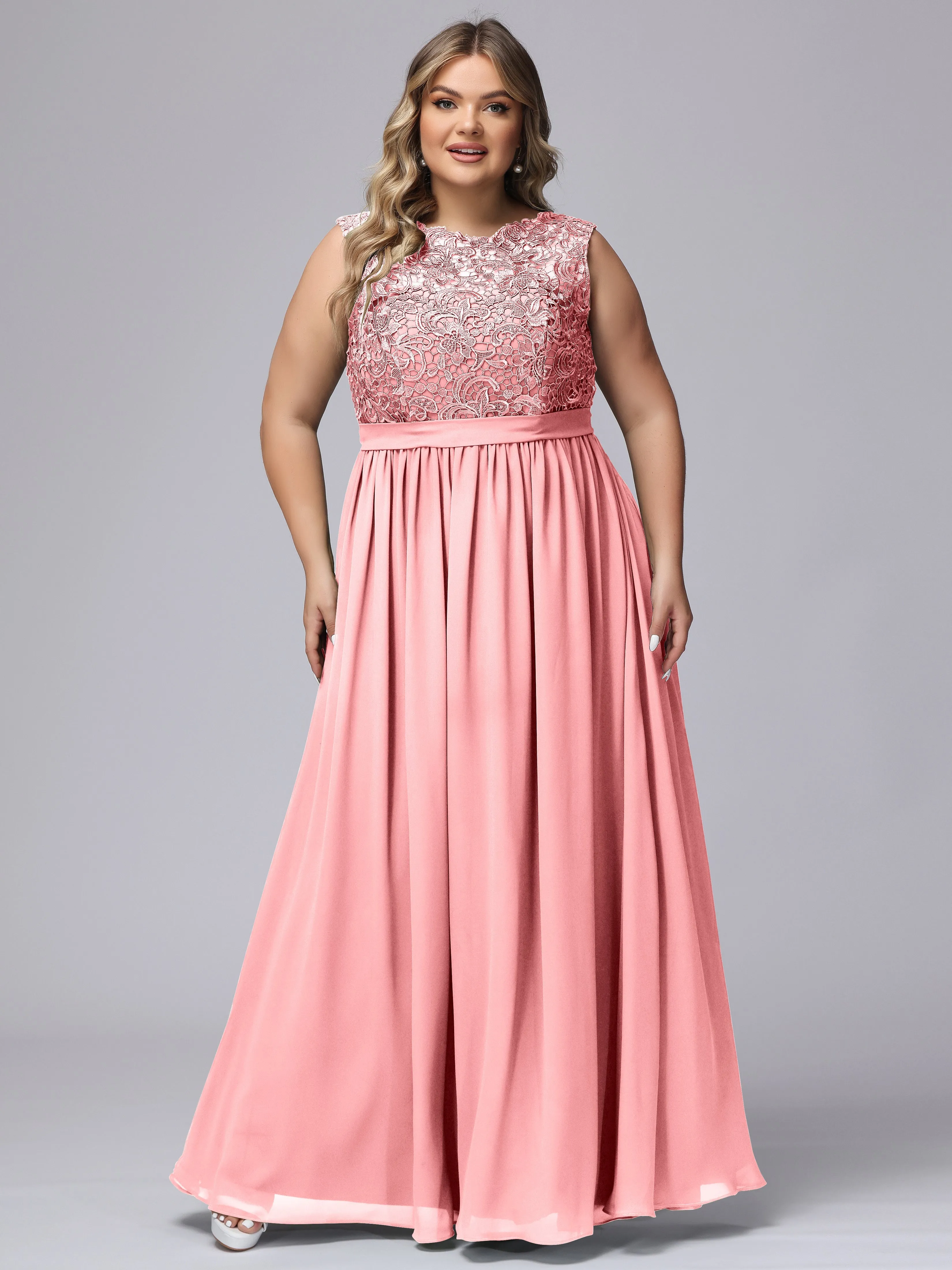 A-Line Sleeveless Lace Top Chiffon Plus Size Bridesmaid Dresses