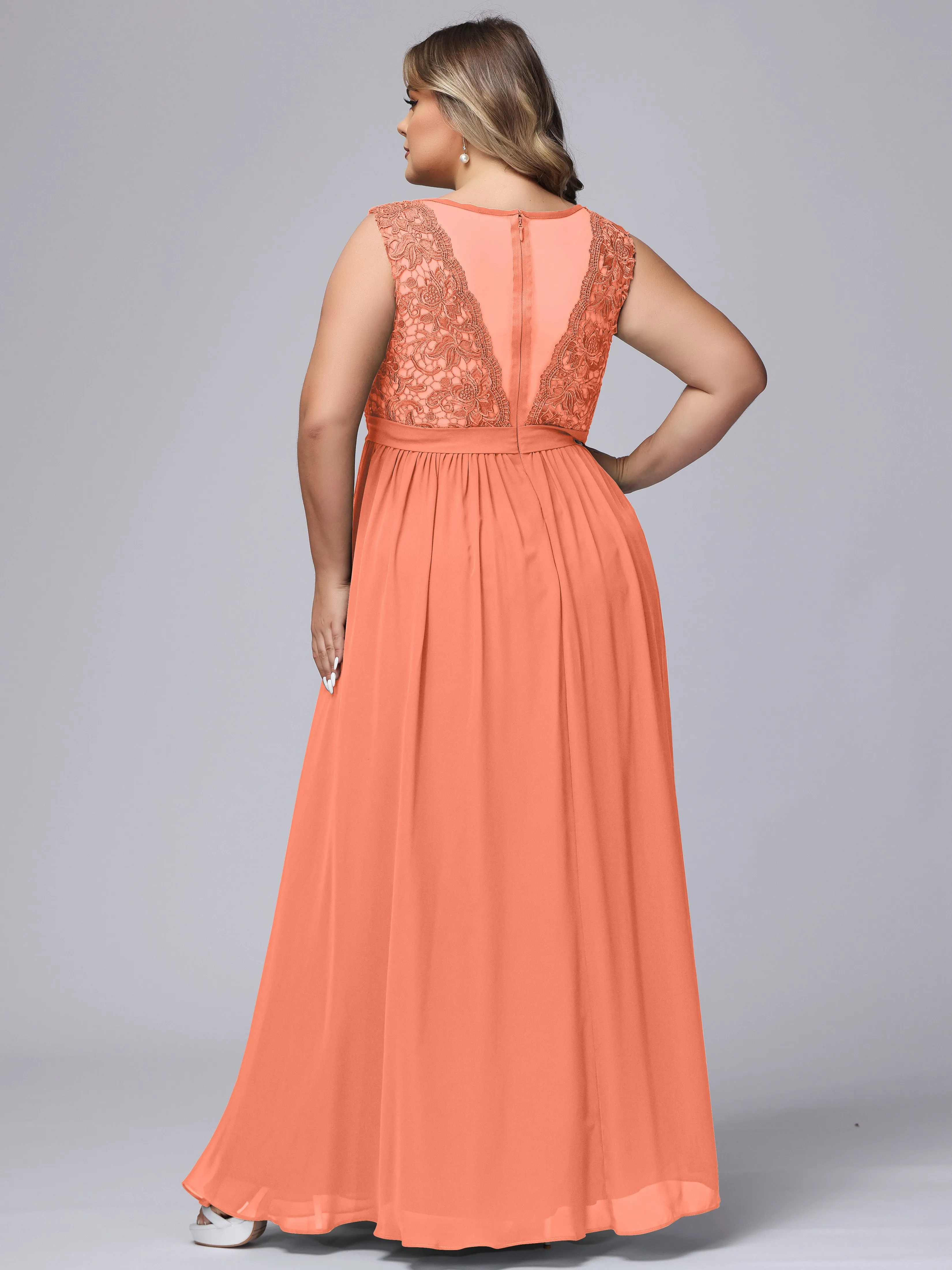 A-Line Sleeveless Lace Top Chiffon Plus Size Bridesmaid Dresses
