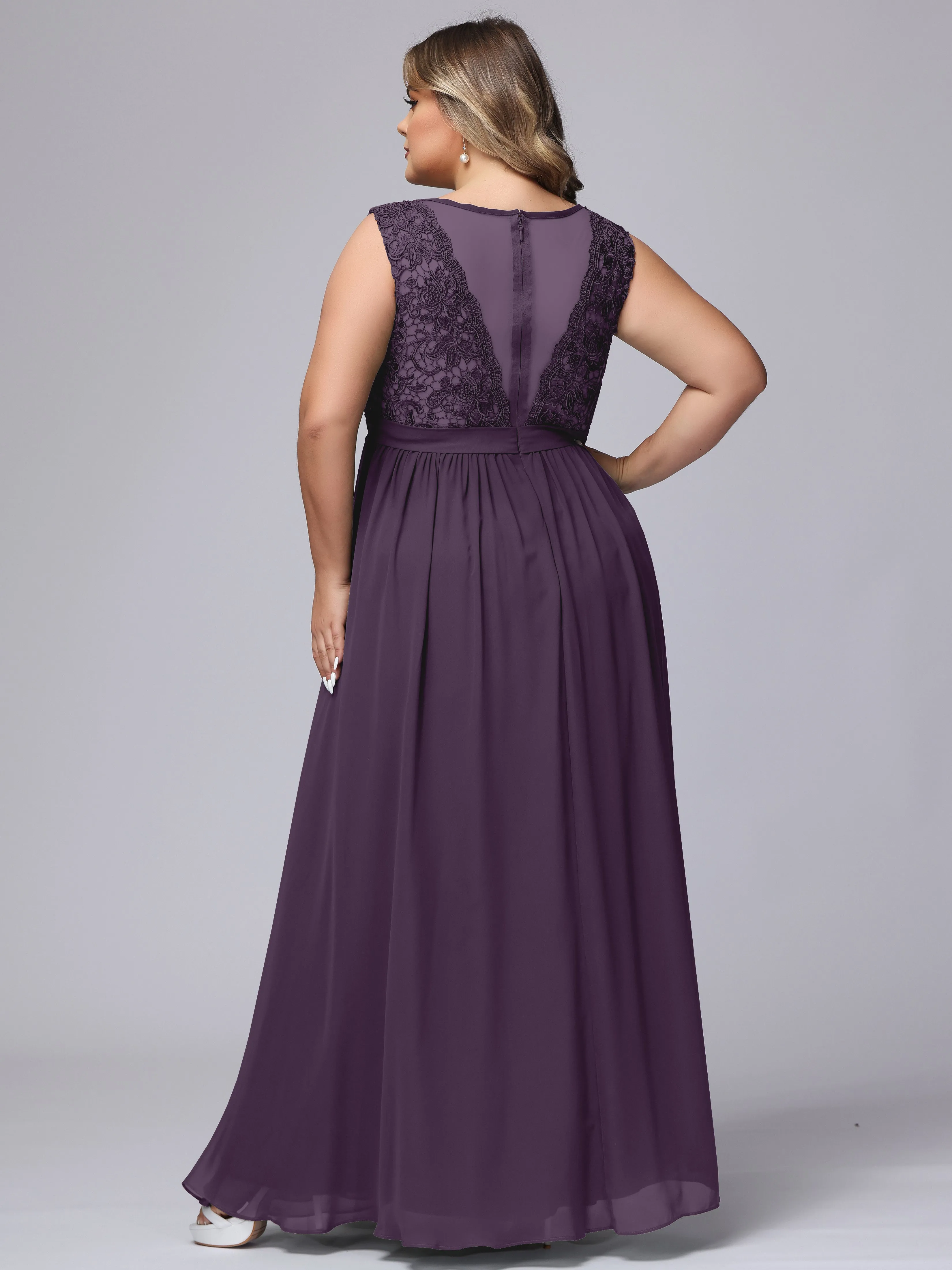 A-Line Sleeveless Lace Top Chiffon Plus Size Bridesmaid Dresses