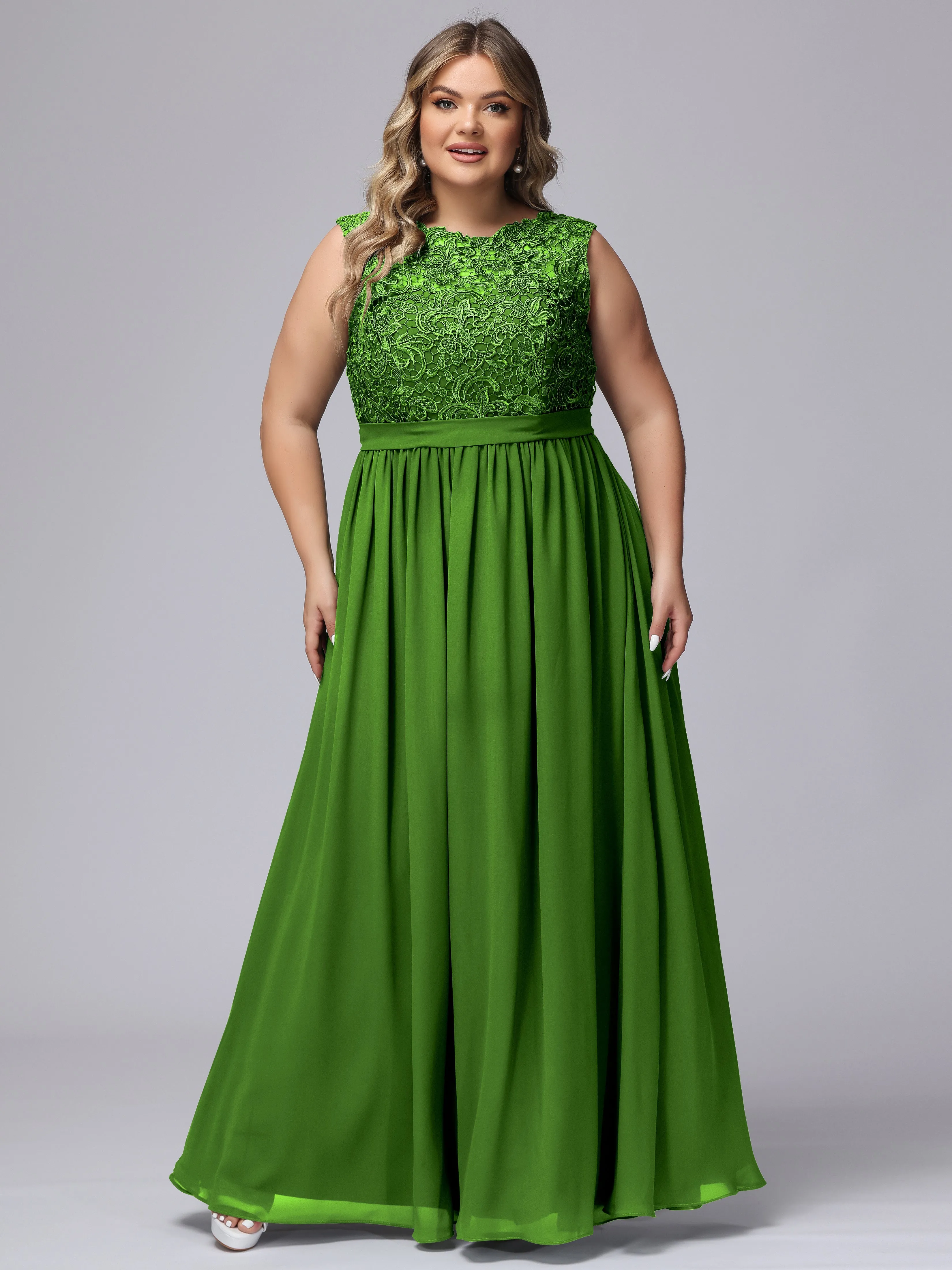 A-Line Sleeveless Lace Top Chiffon Plus Size Bridesmaid Dresses