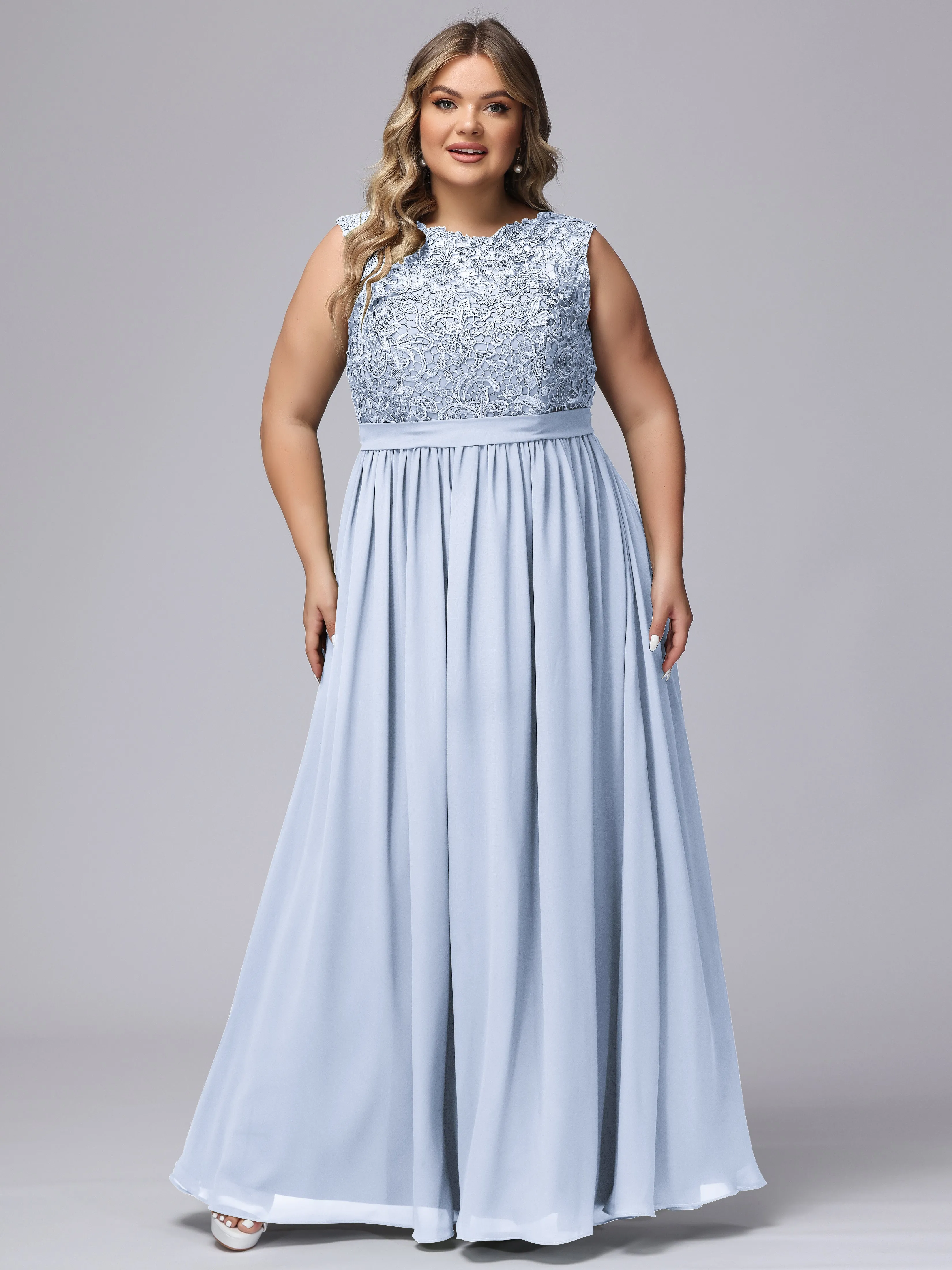 A-Line Sleeveless Lace Top Chiffon Plus Size Bridesmaid Dresses