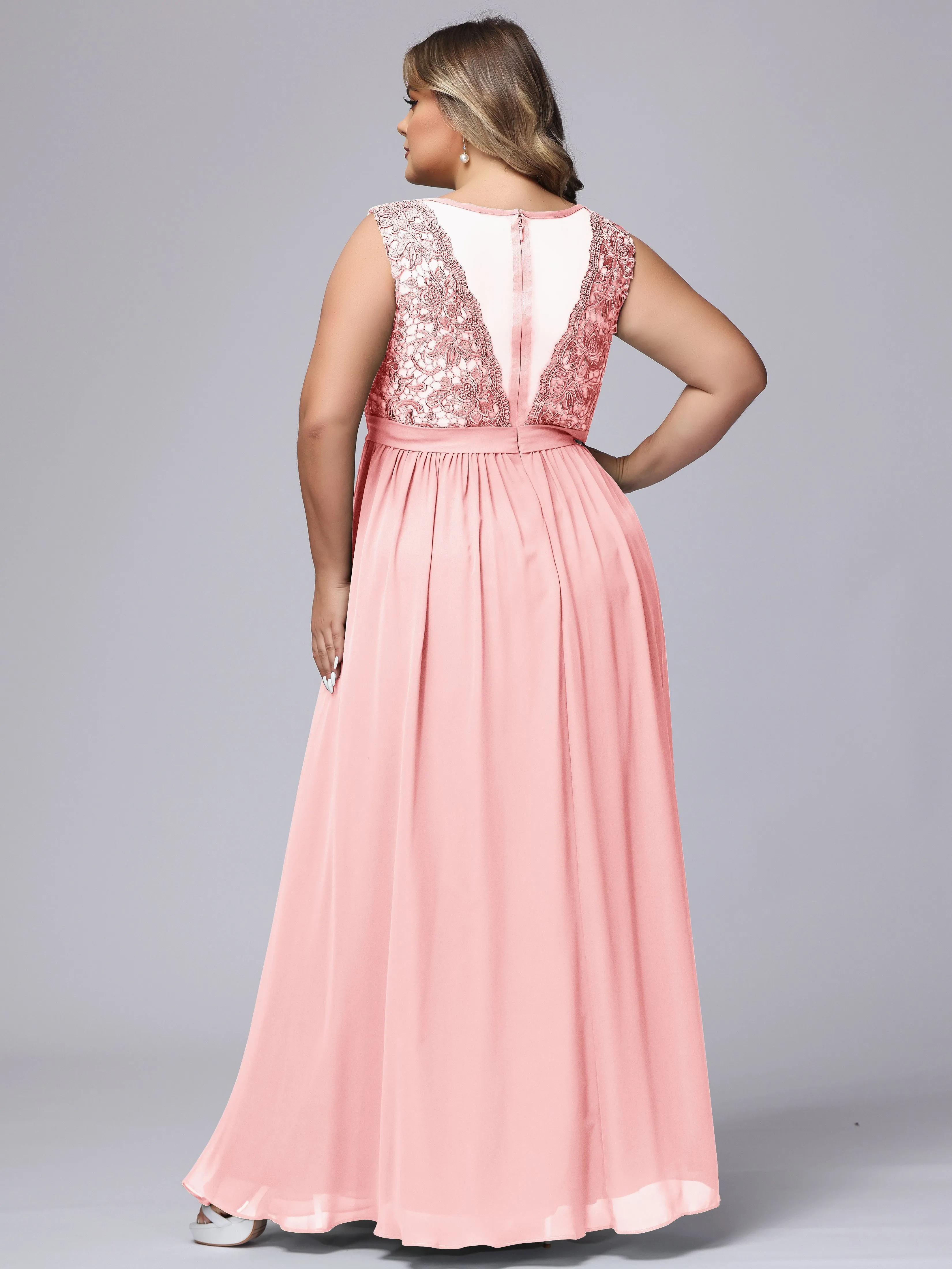 A-Line Sleeveless Lace Top Chiffon Plus Size Bridesmaid Dresses