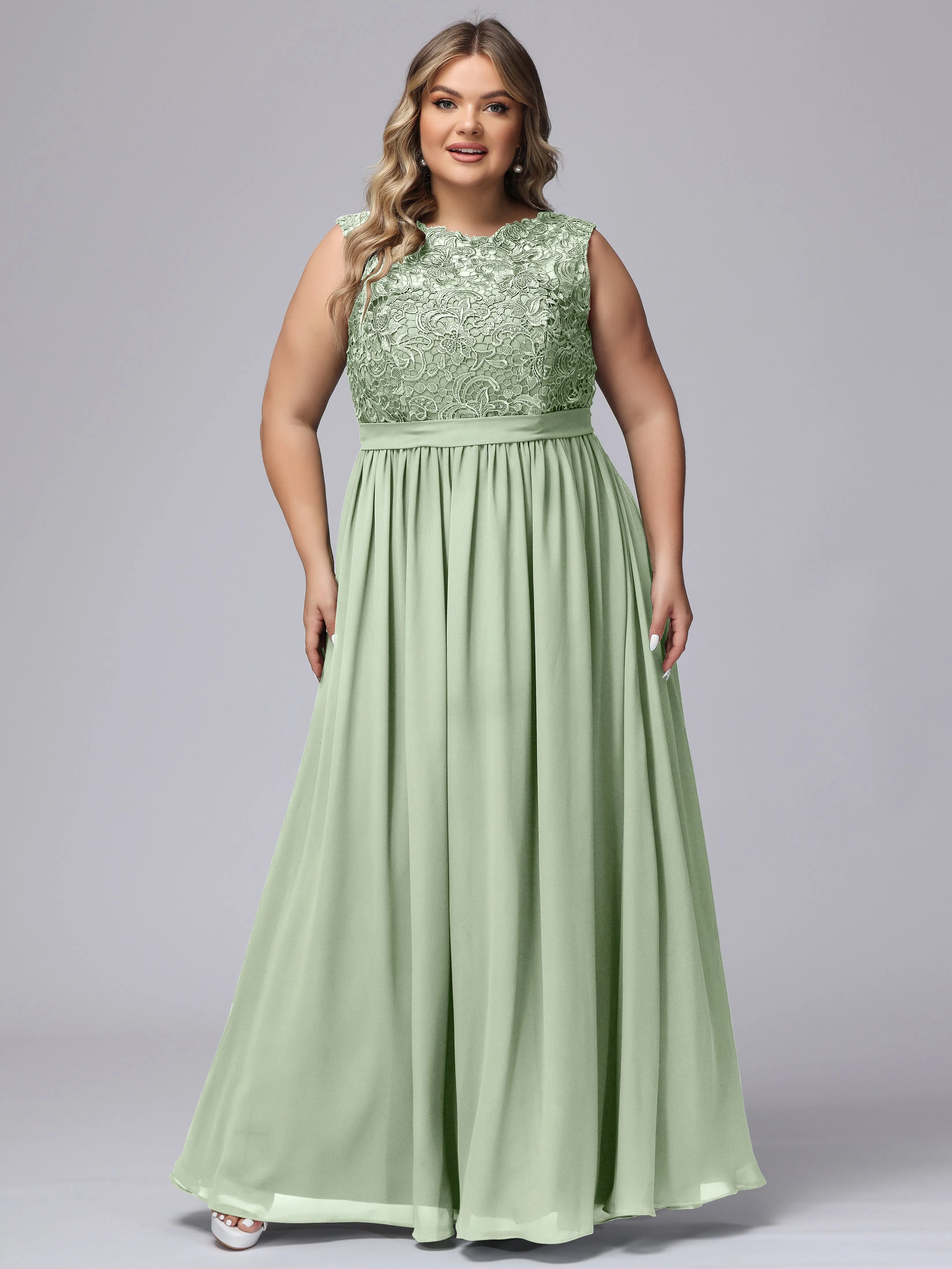 A-Line Sleeveless Lace Top Chiffon Plus Size Bridesmaid Dresses