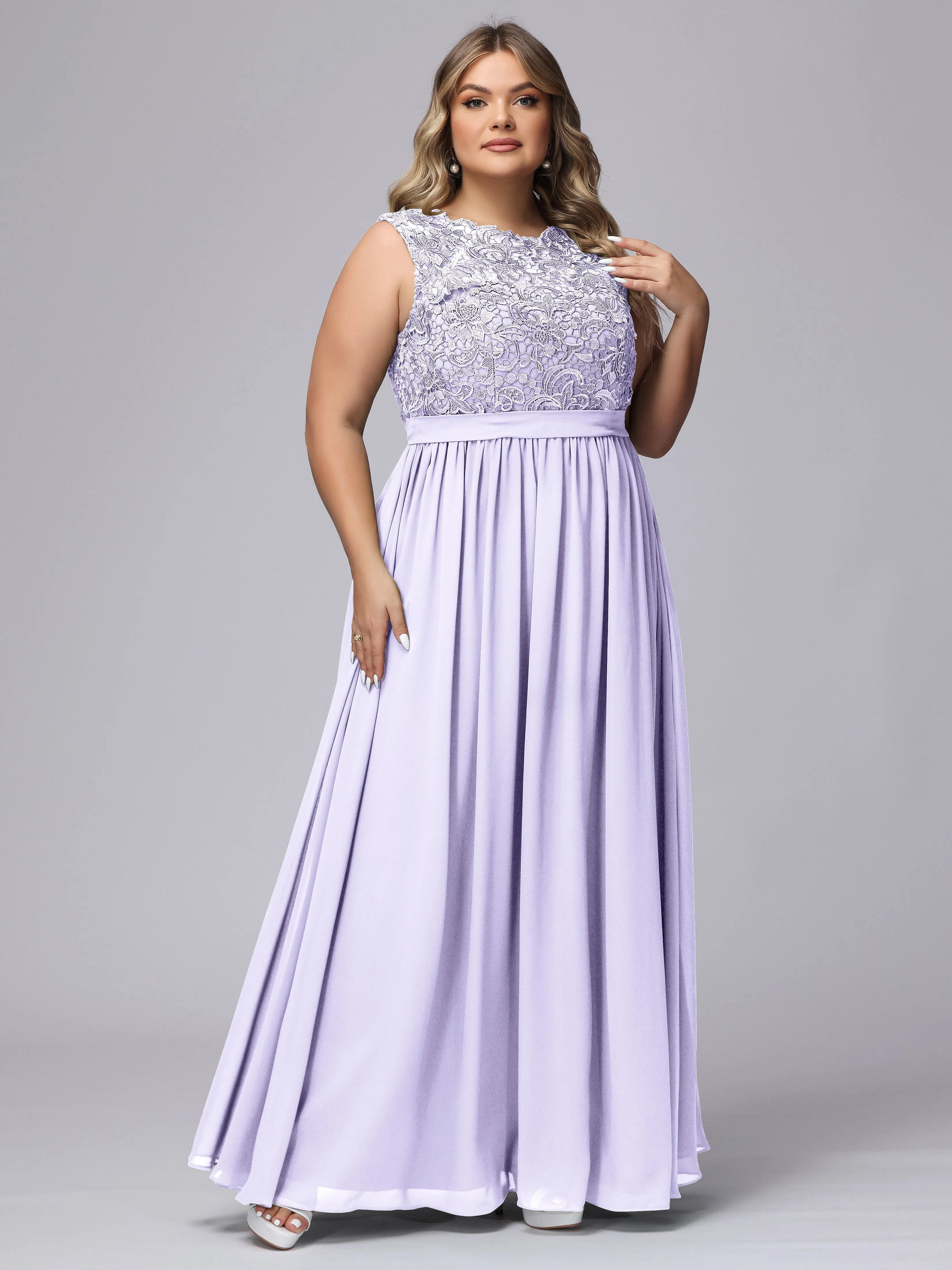 A-Line Sleeveless Lace Top Chiffon Plus Size Bridesmaid Dresses