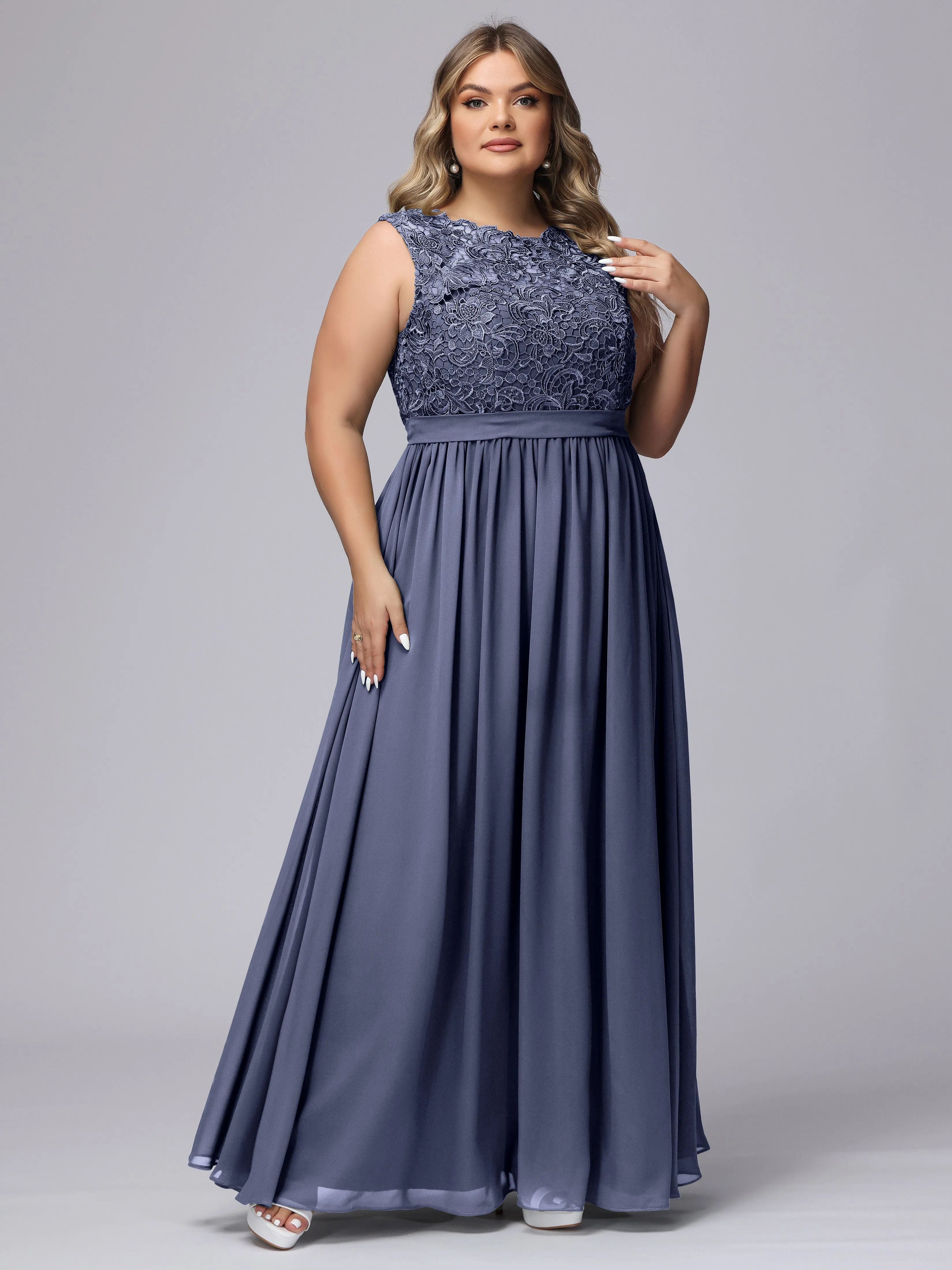 A-Line Sleeveless Lace Top Chiffon Plus Size Bridesmaid Dresses