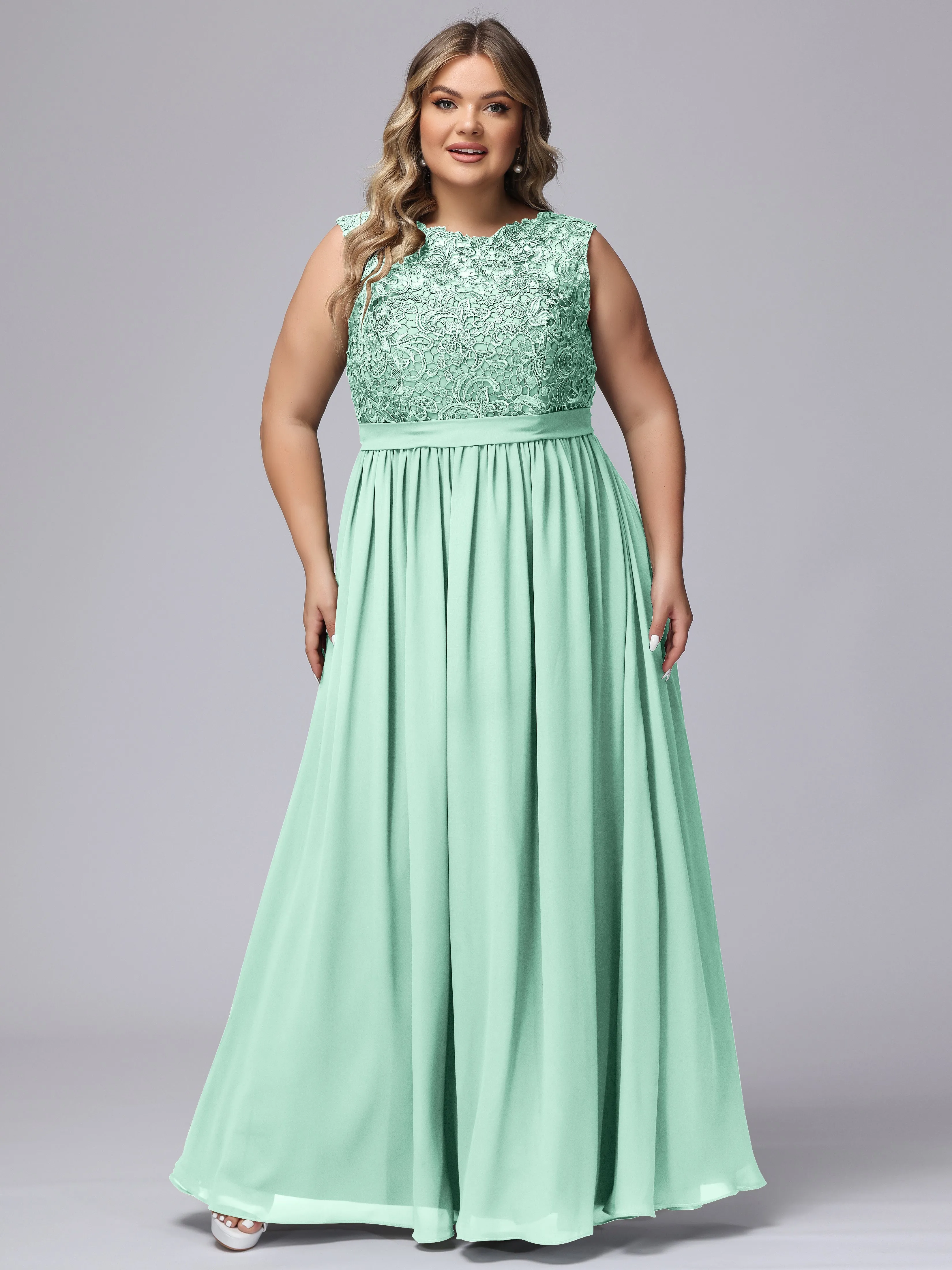 A-Line Sleeveless Lace Top Chiffon Plus Size Bridesmaid Dresses