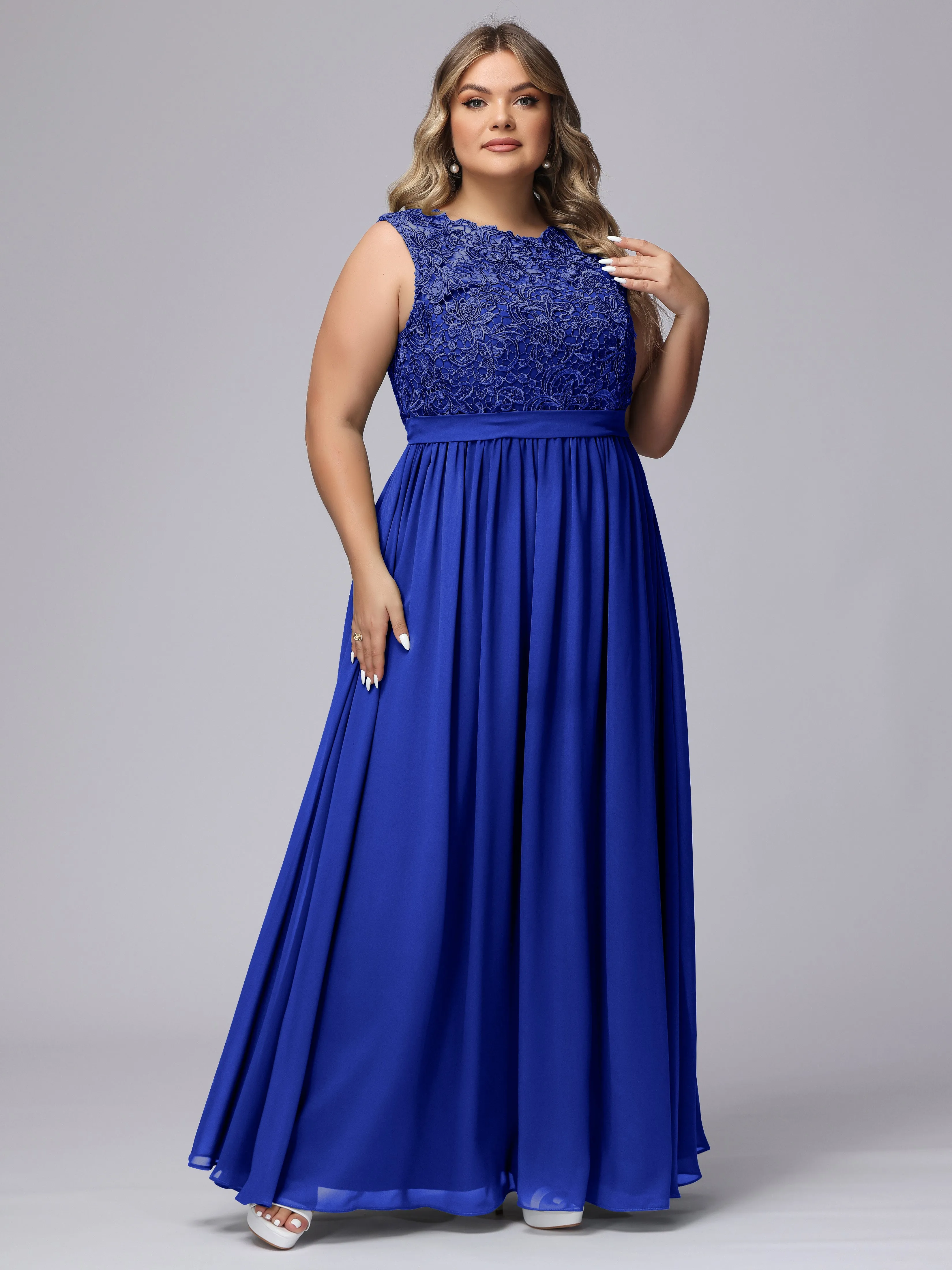 A-Line Sleeveless Lace Top Chiffon Plus Size Bridesmaid Dresses