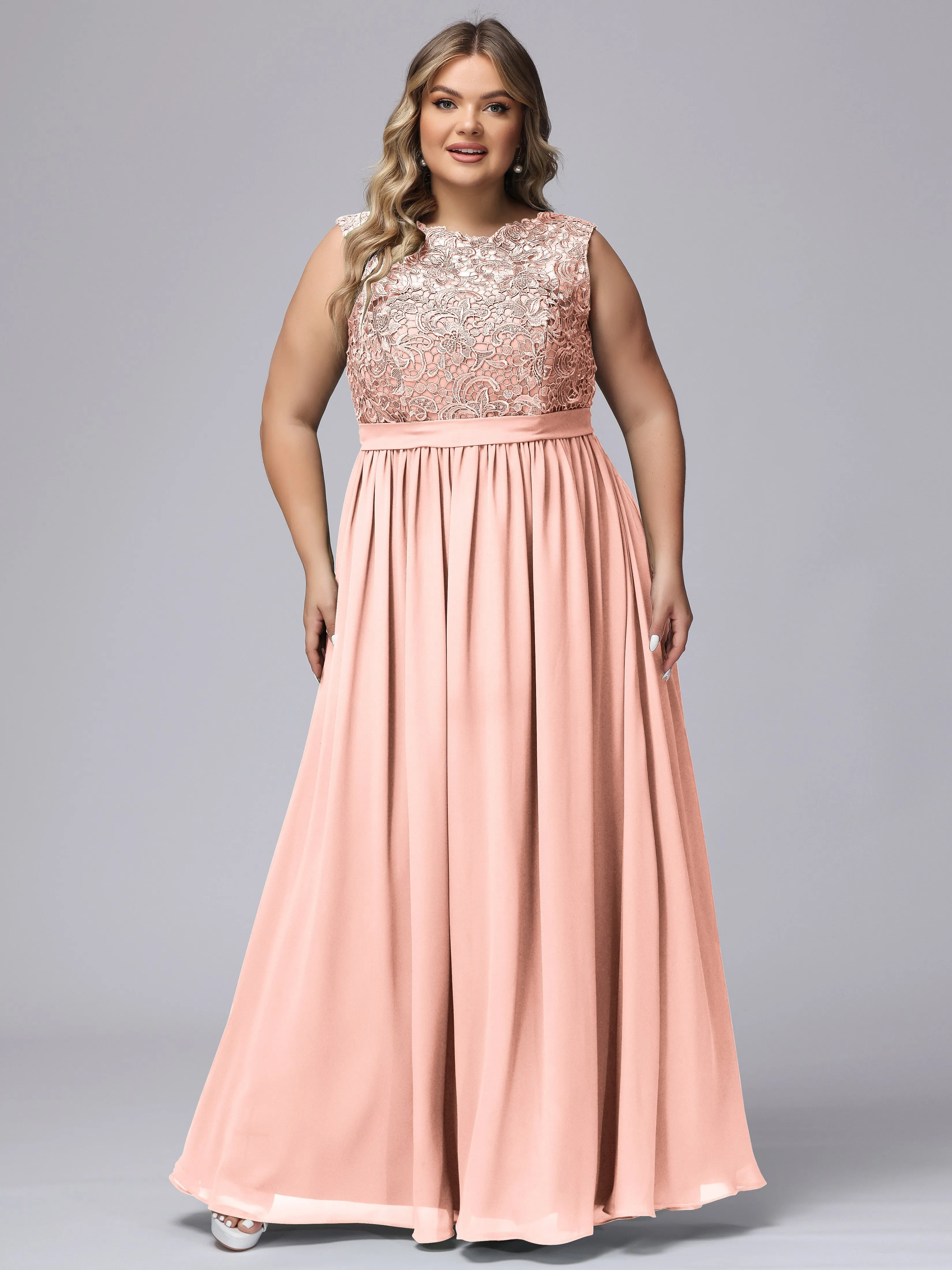 A-Line Sleeveless Lace Top Chiffon Plus Size Bridesmaid Dresses