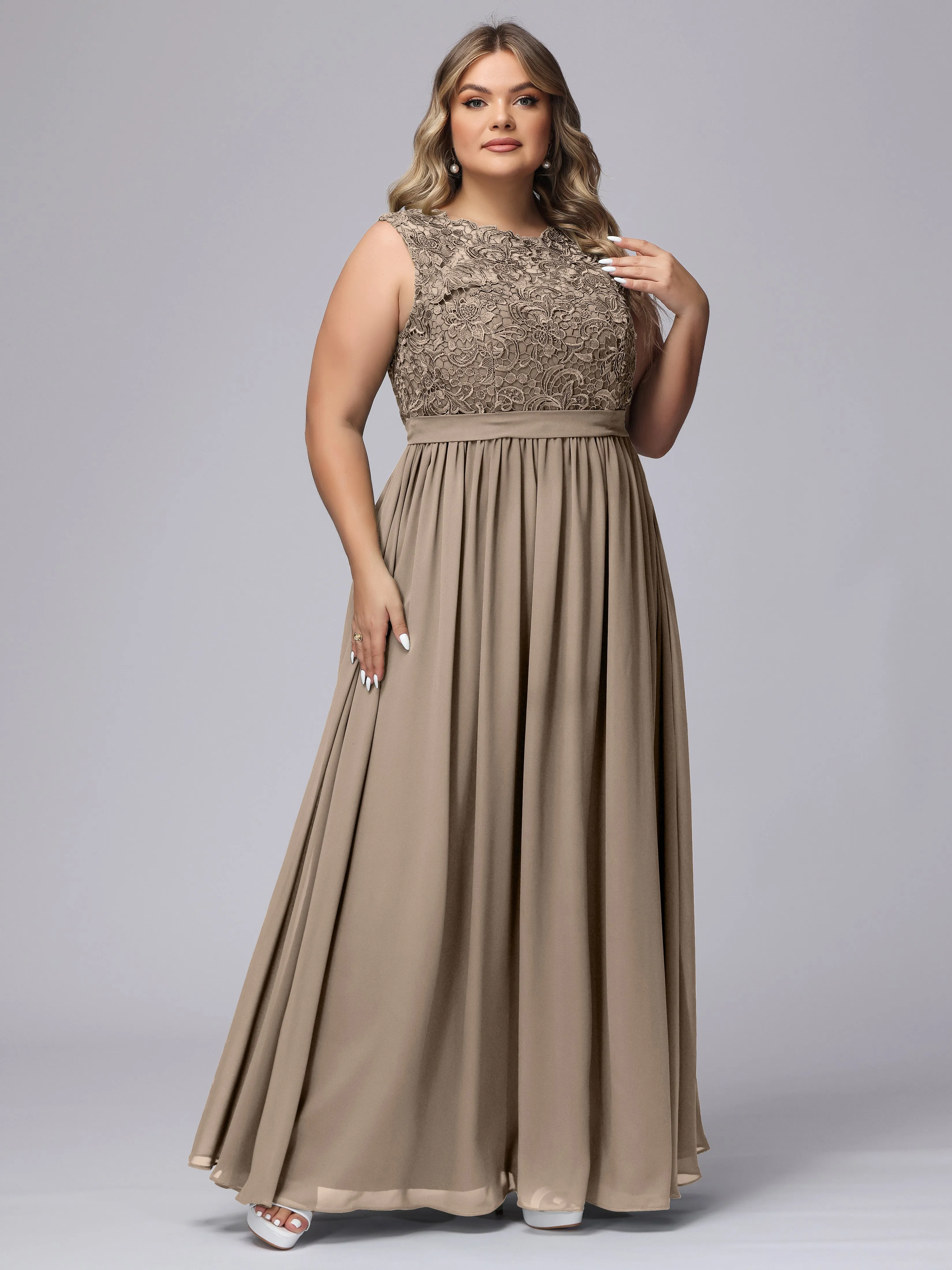 A-Line Sleeveless Lace Top Chiffon Plus Size Bridesmaid Dresses