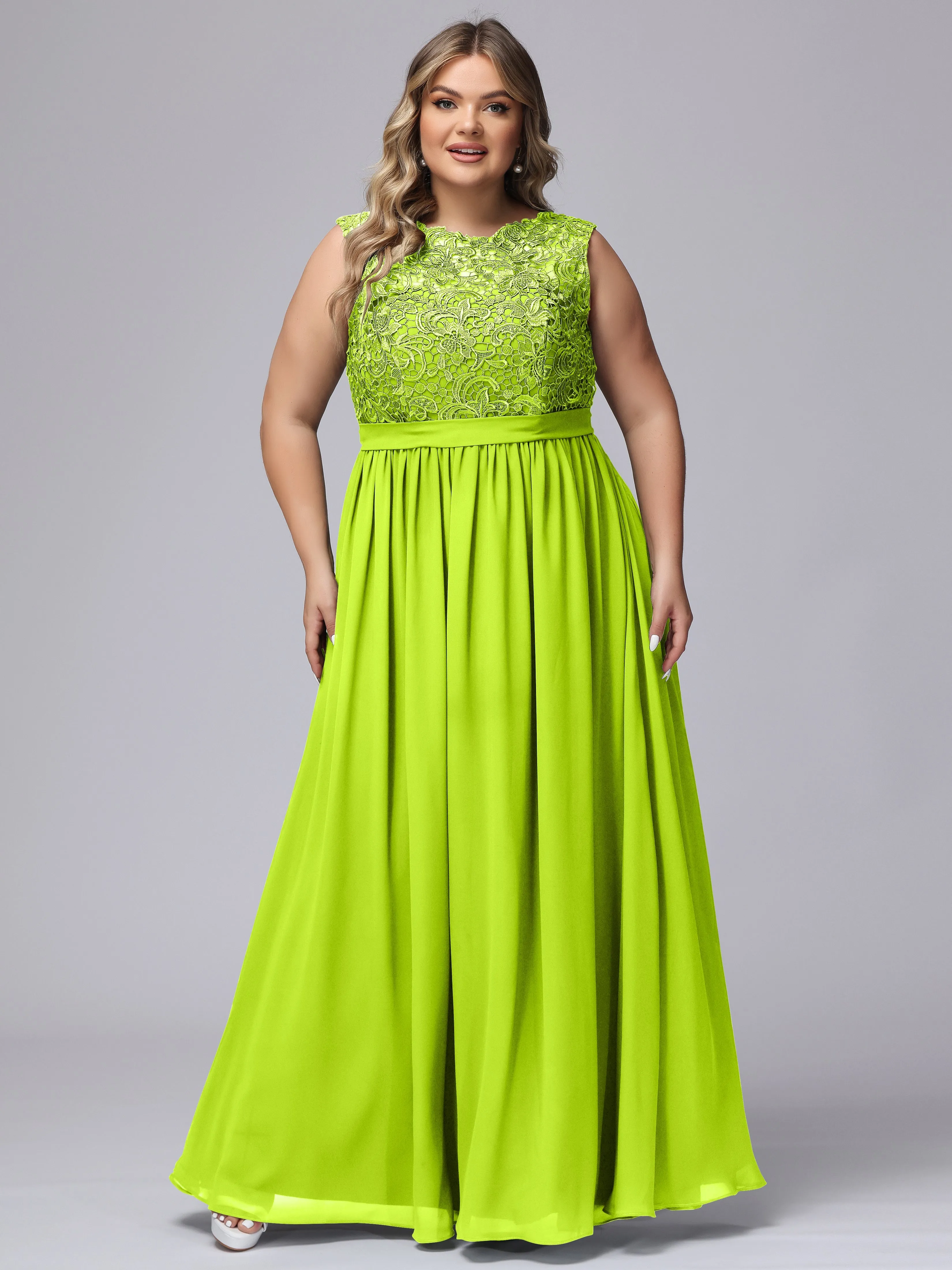 A-Line Sleeveless Lace Top Chiffon Plus Size Bridesmaid Dresses
