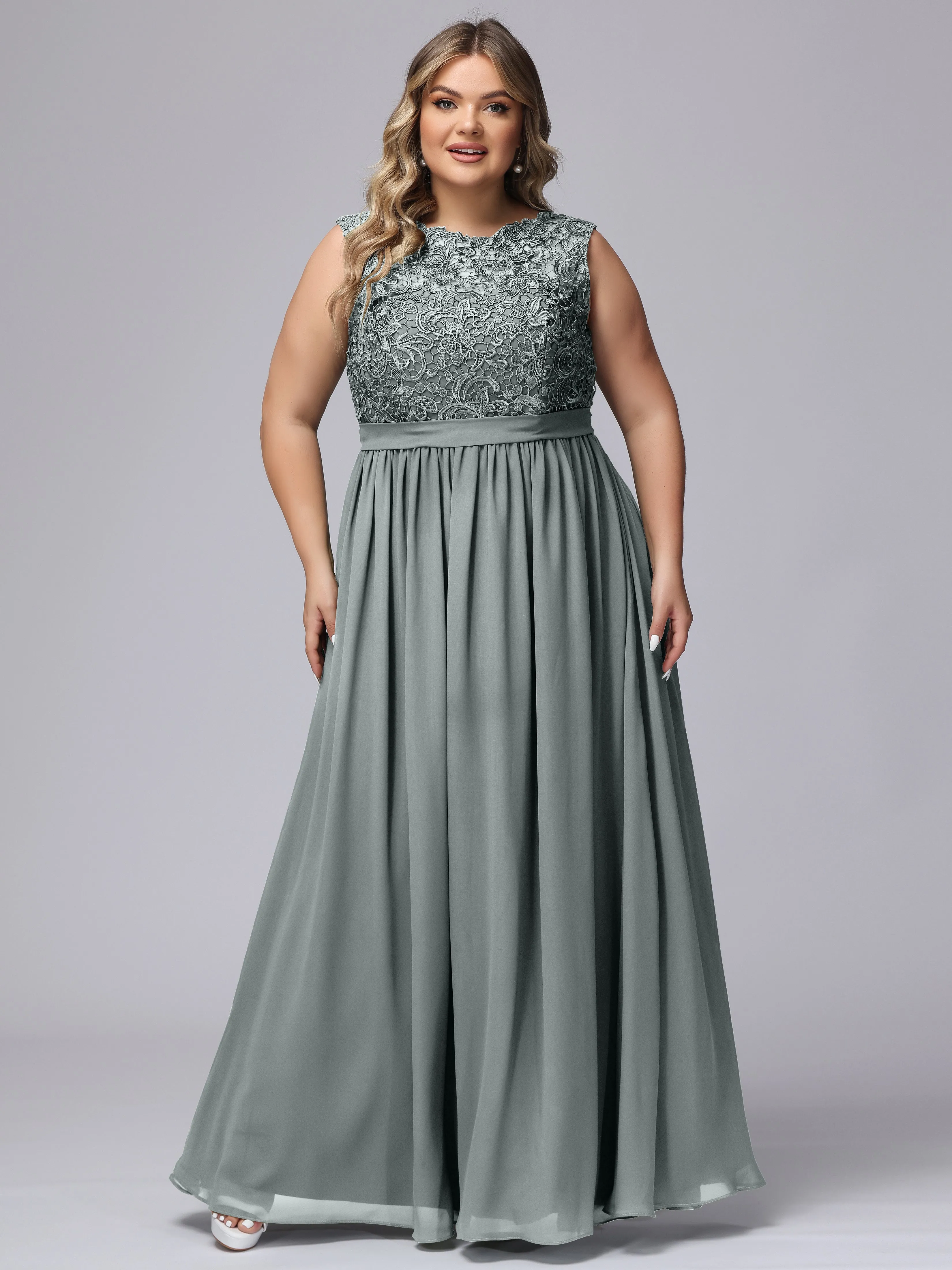 A-Line Sleeveless Lace Top Chiffon Plus Size Bridesmaid Dresses