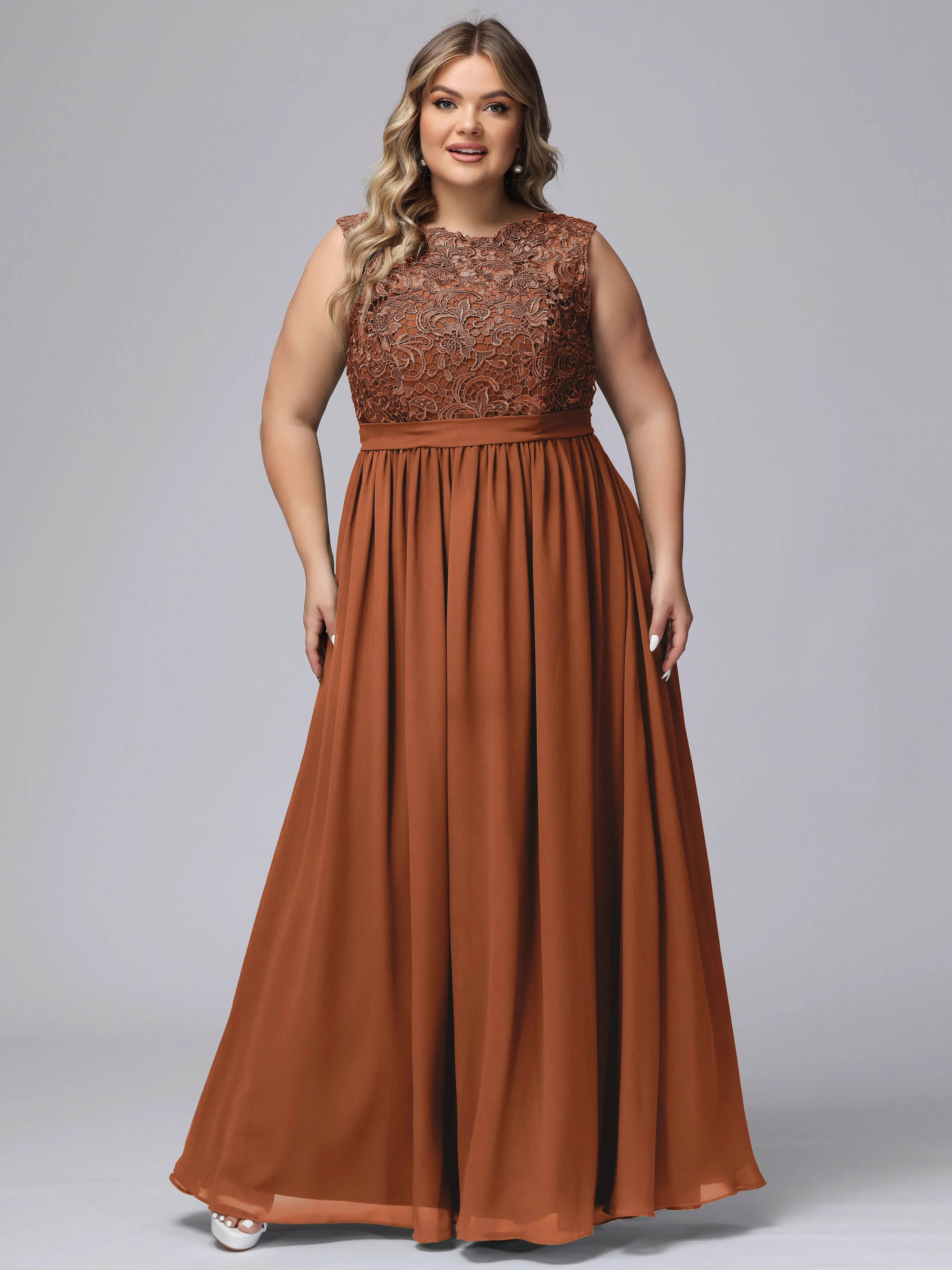 A-Line Sleeveless Lace Top Chiffon Plus Size Bridesmaid Dresses