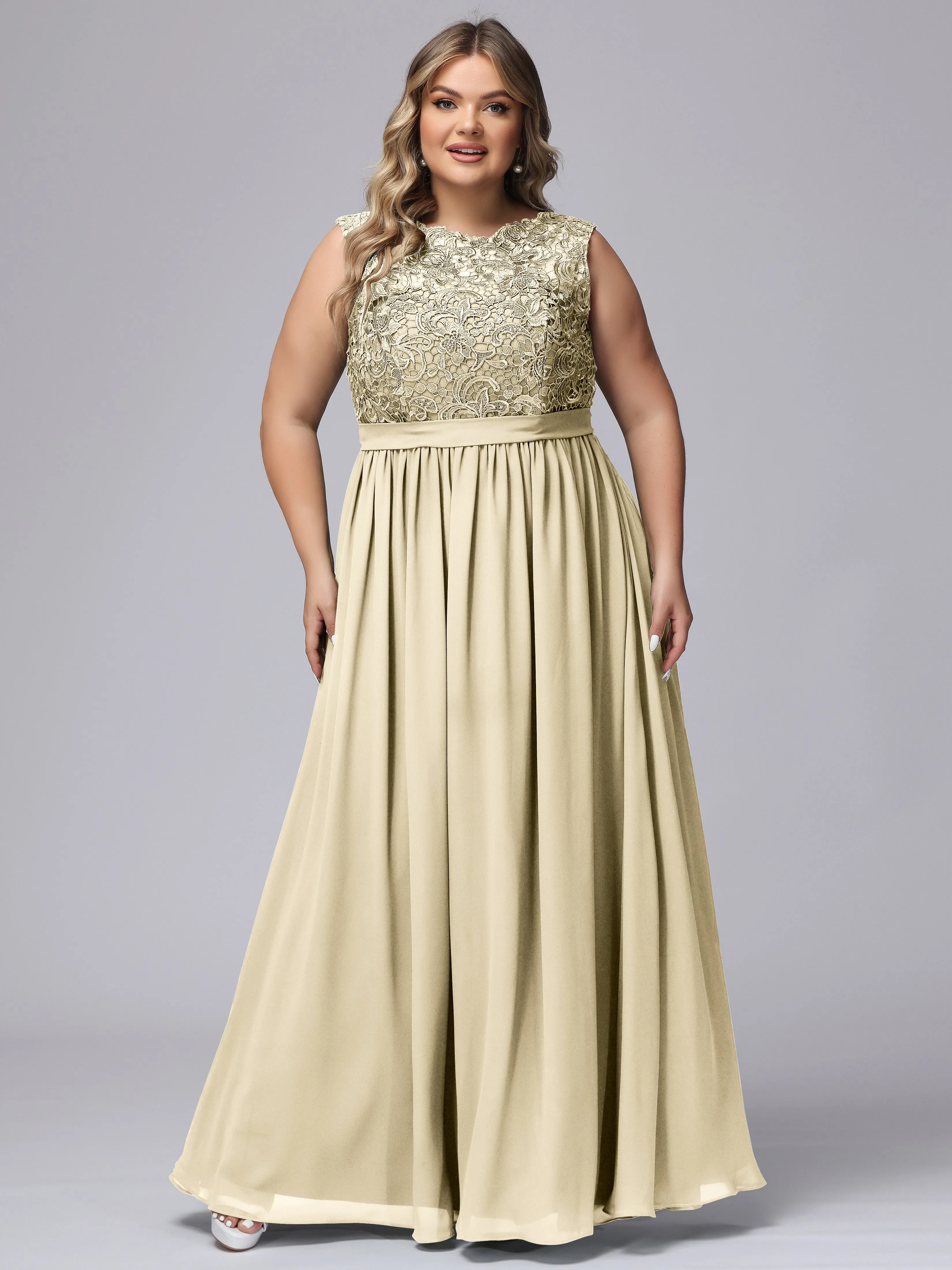 A-Line Sleeveless Lace Top Chiffon Plus Size Bridesmaid Dresses