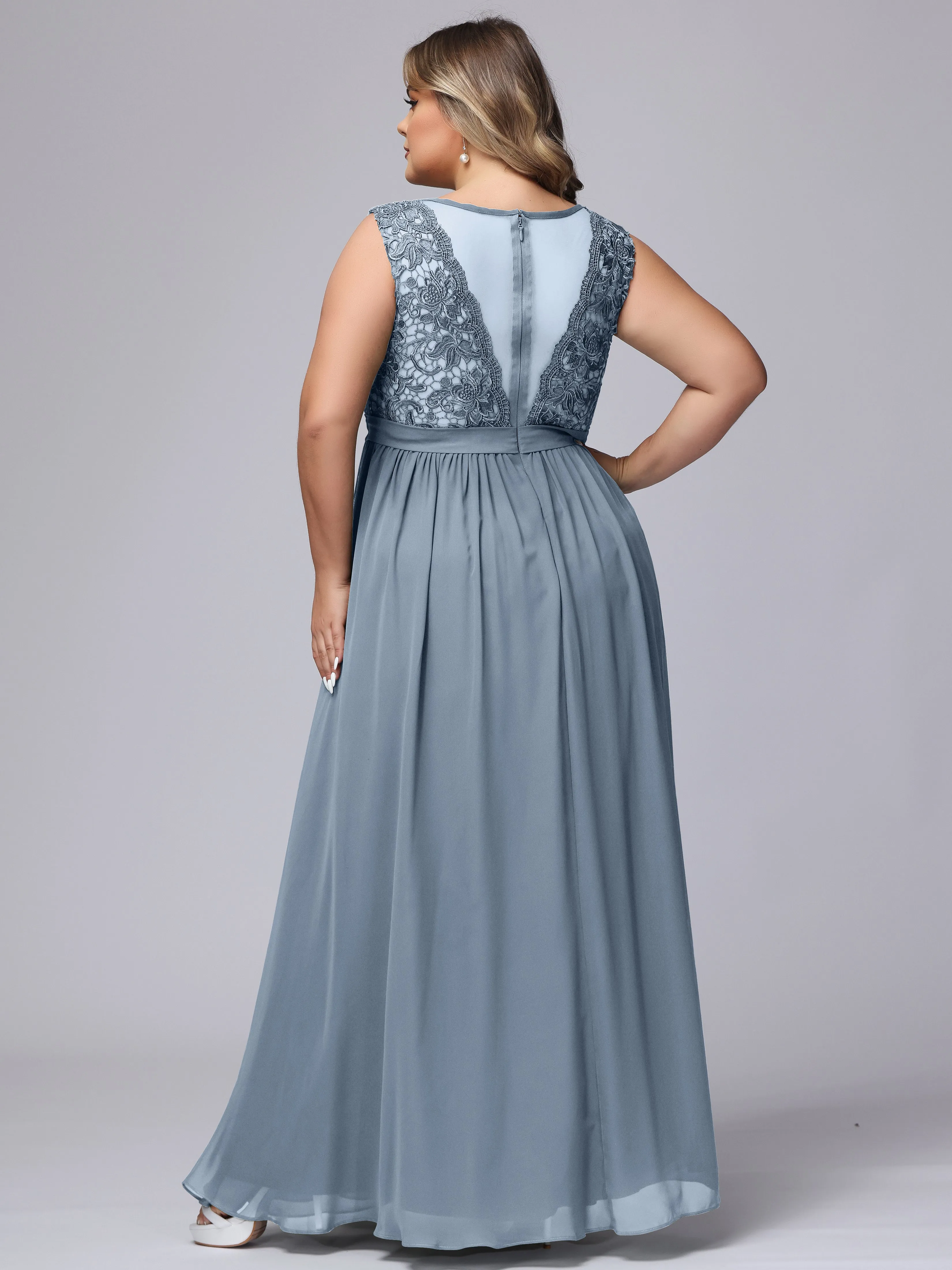 A-Line Sleeveless Lace Top Chiffon Plus Size Bridesmaid Dresses