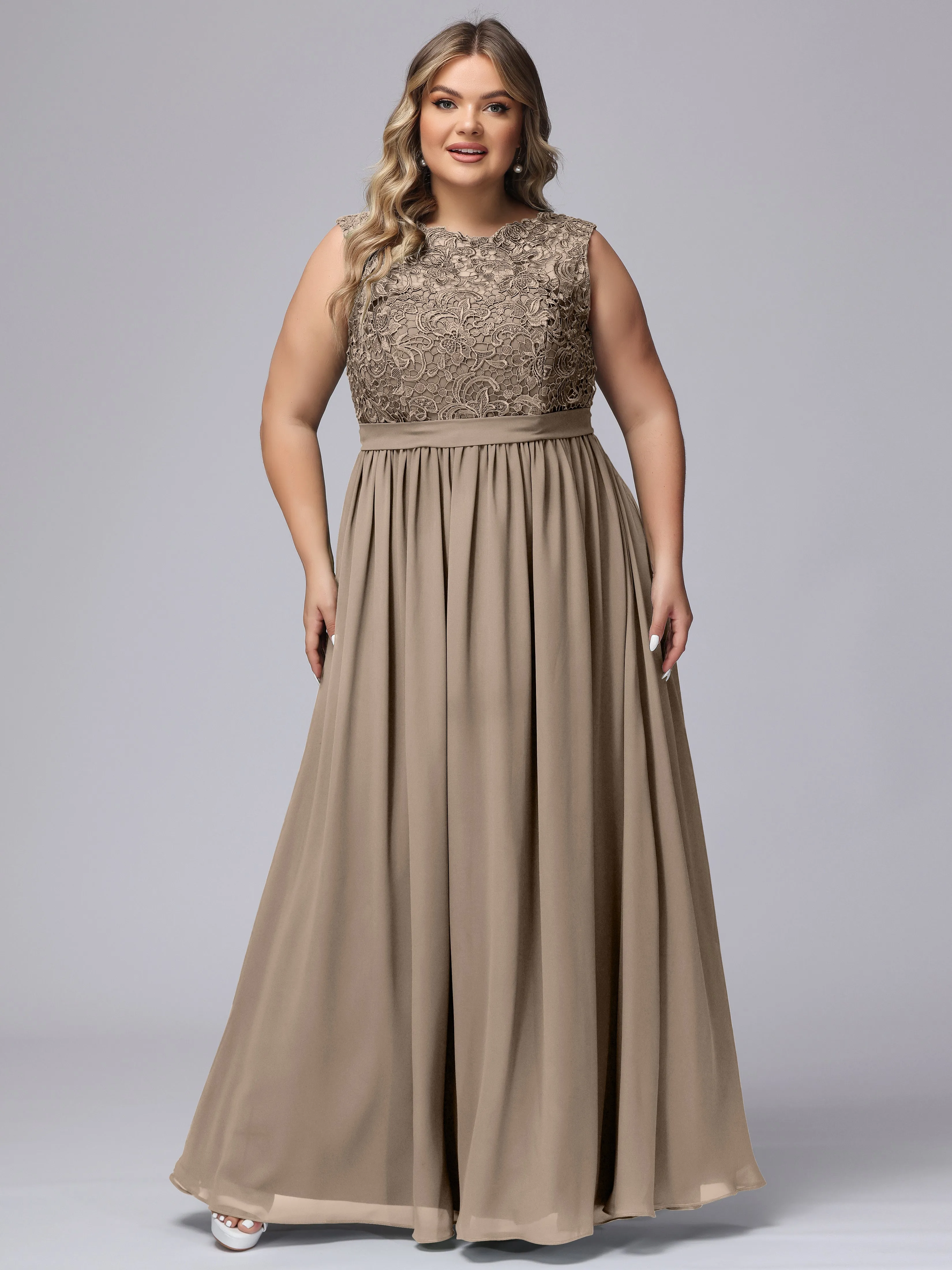 A-Line Sleeveless Lace Top Chiffon Plus Size Bridesmaid Dresses
