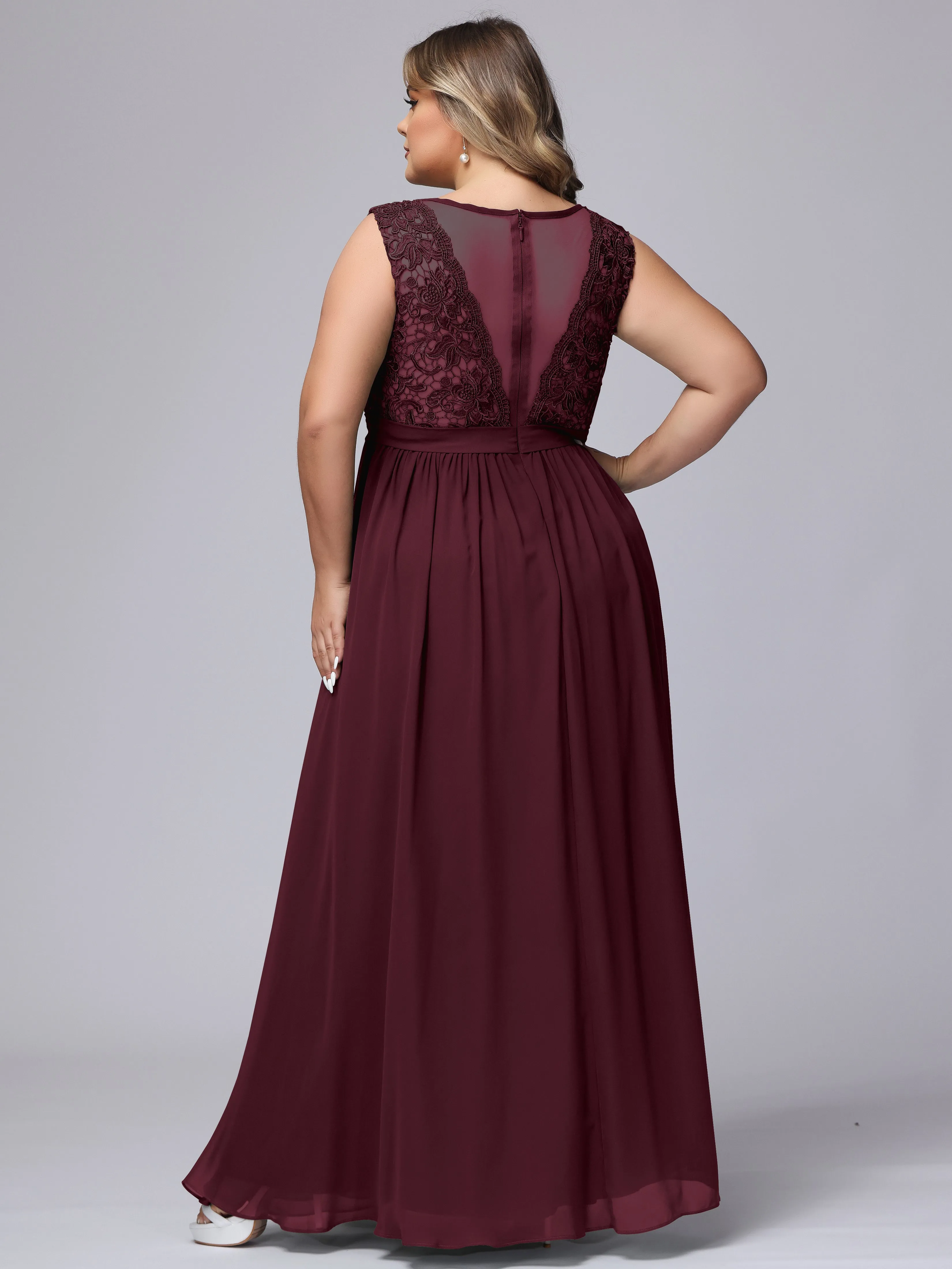 A-Line Sleeveless Lace Top Chiffon Plus Size Bridesmaid Dresses