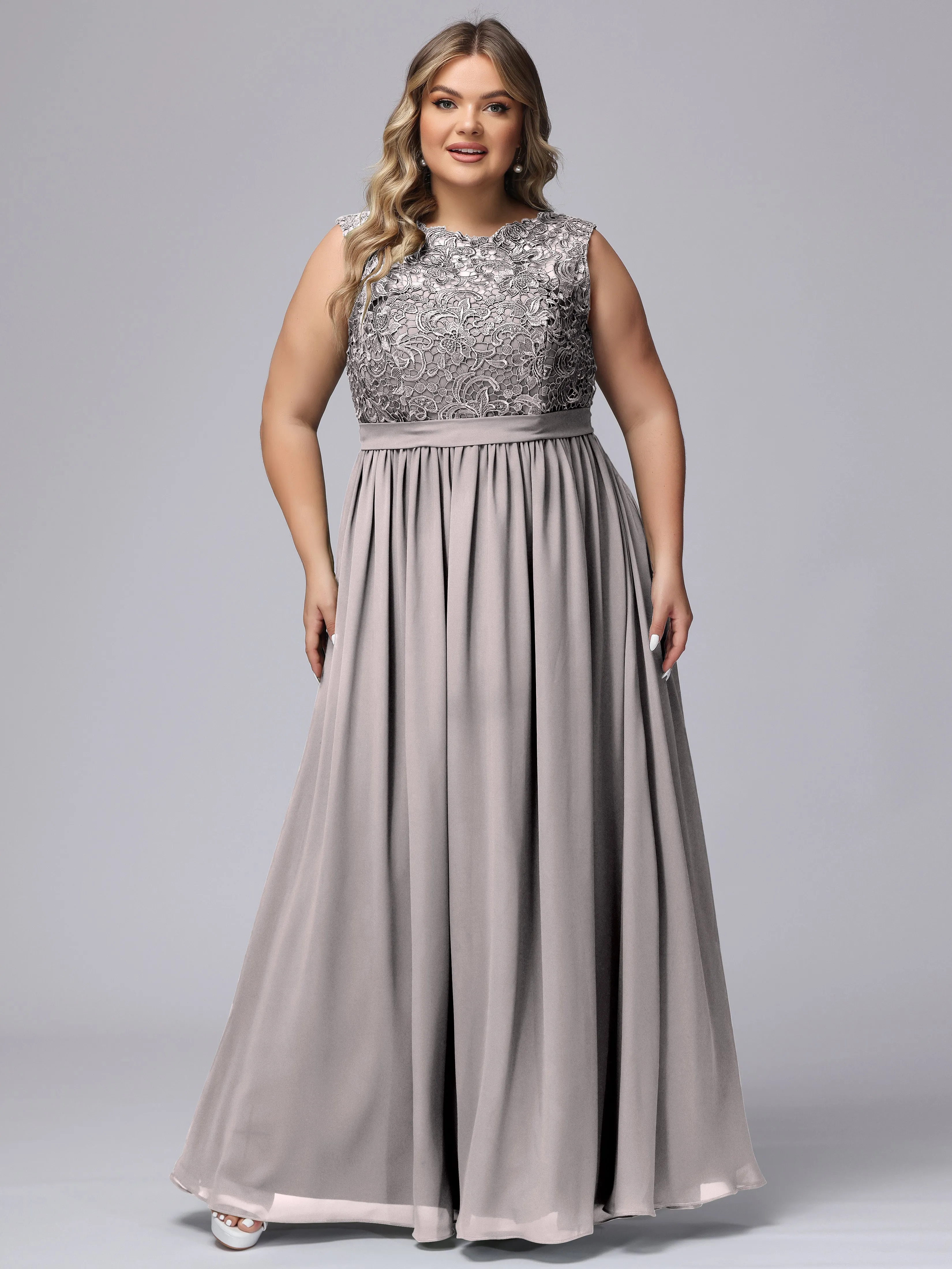 A-Line Sleeveless Lace Top Chiffon Plus Size Bridesmaid Dresses