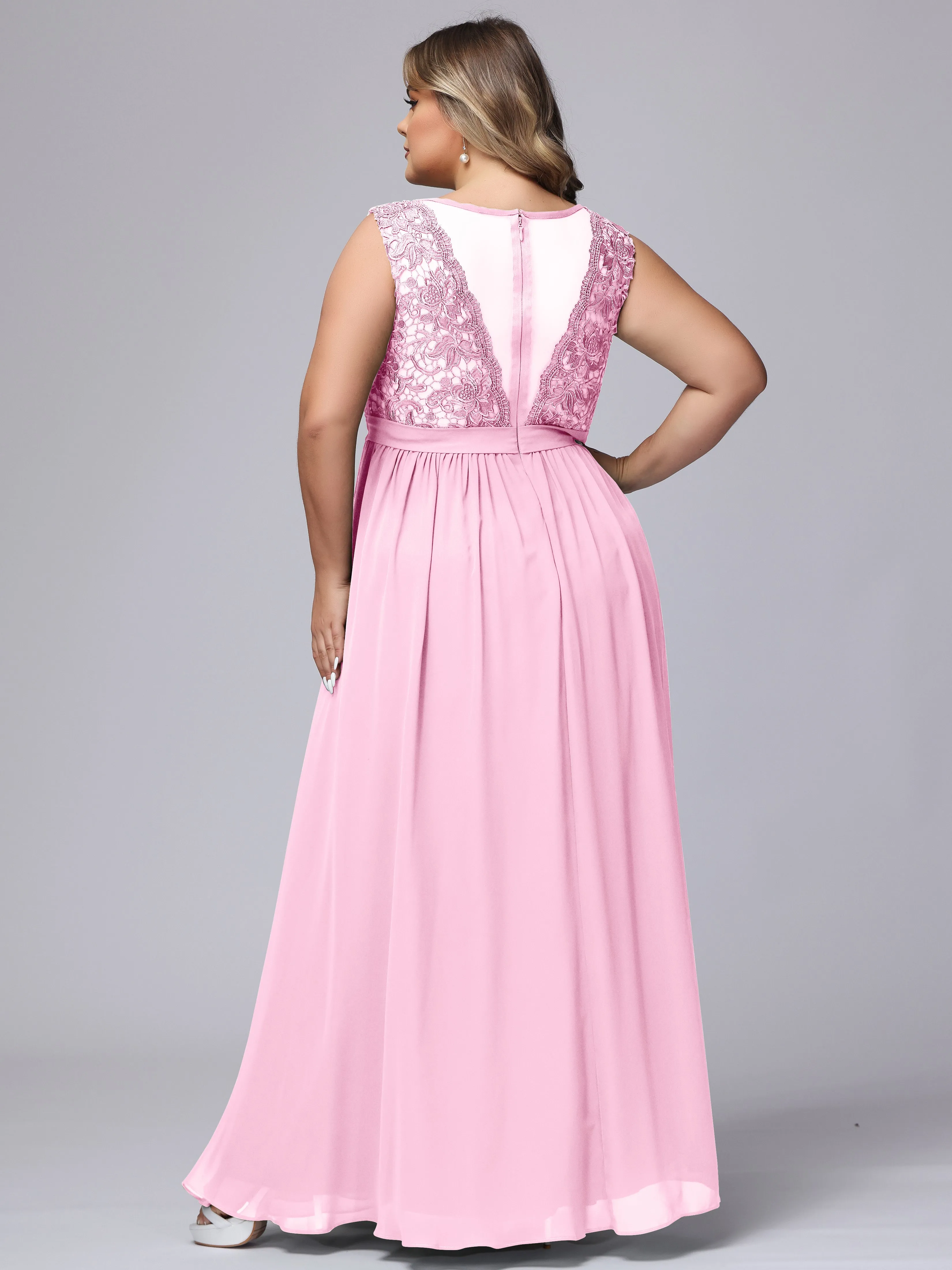 A-Line Sleeveless Lace Top Chiffon Plus Size Bridesmaid Dresses