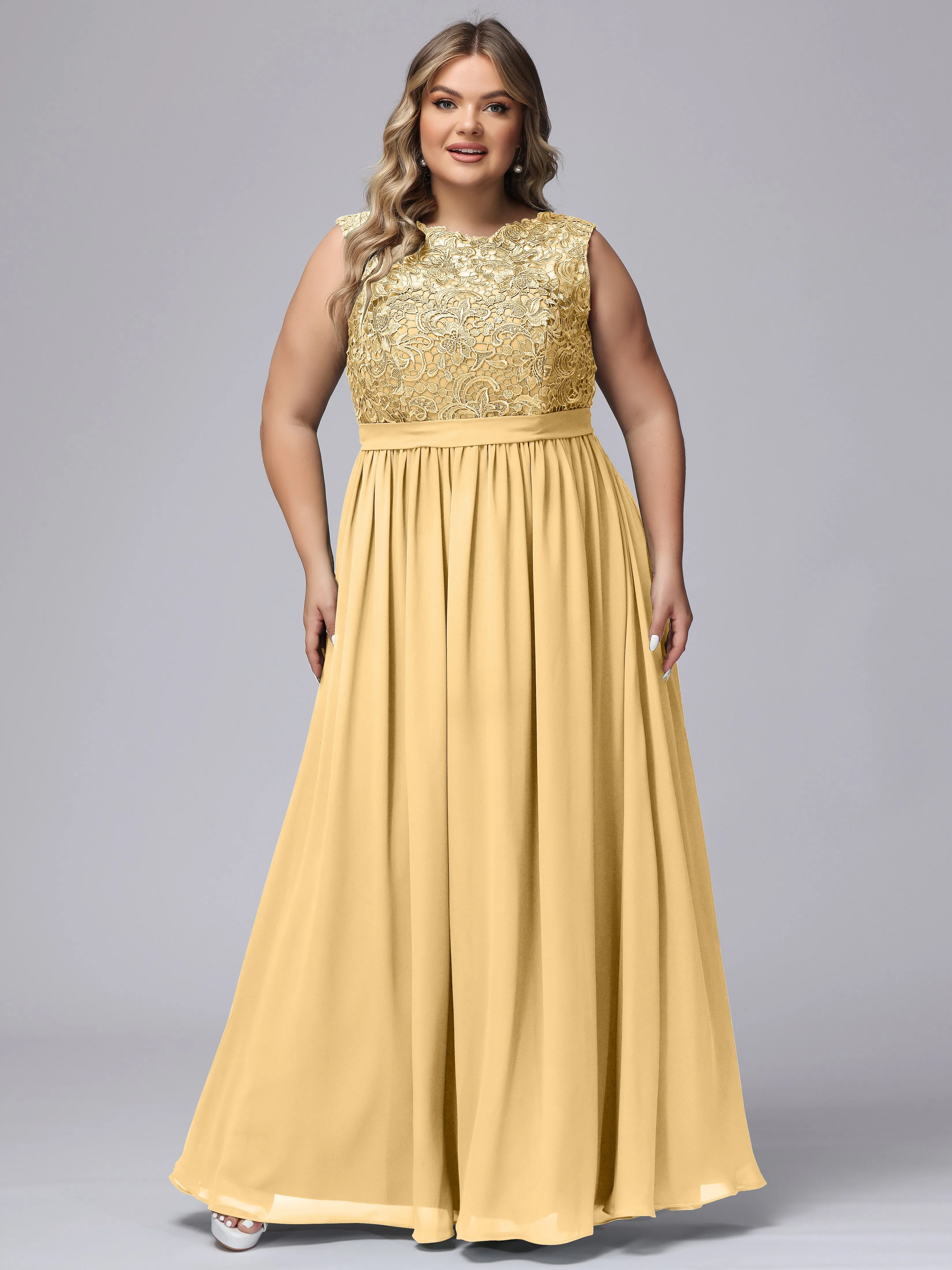 A-Line Sleeveless Lace Top Chiffon Plus Size Bridesmaid Dresses