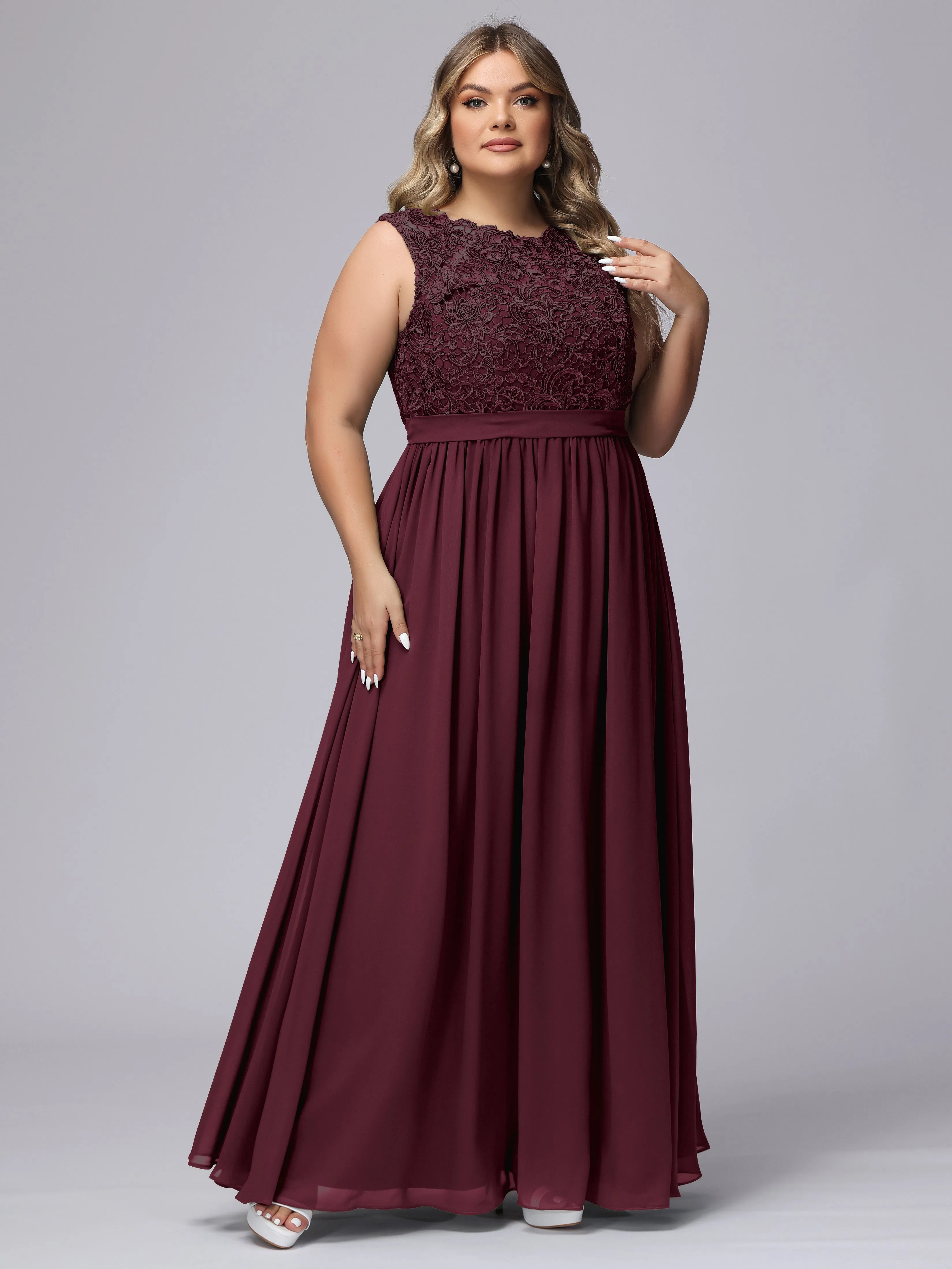 A-Line Sleeveless Lace Top Chiffon Plus Size Bridesmaid Dresses