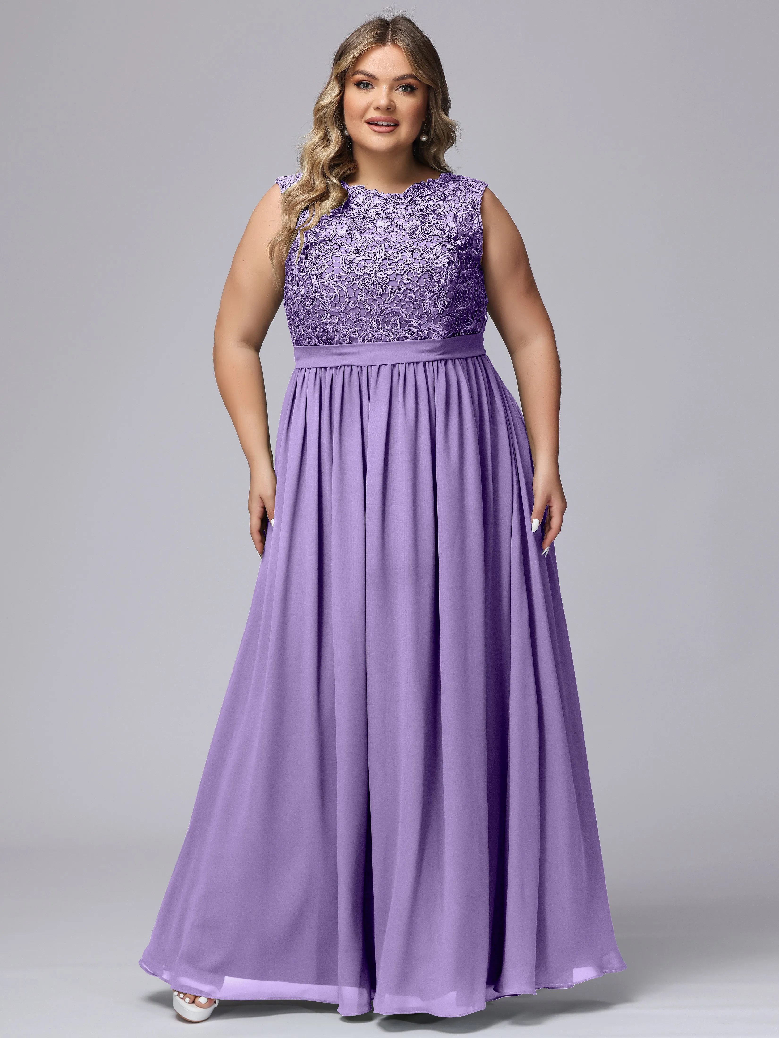 A-Line Sleeveless Lace Top Chiffon Plus Size Bridesmaid Dresses