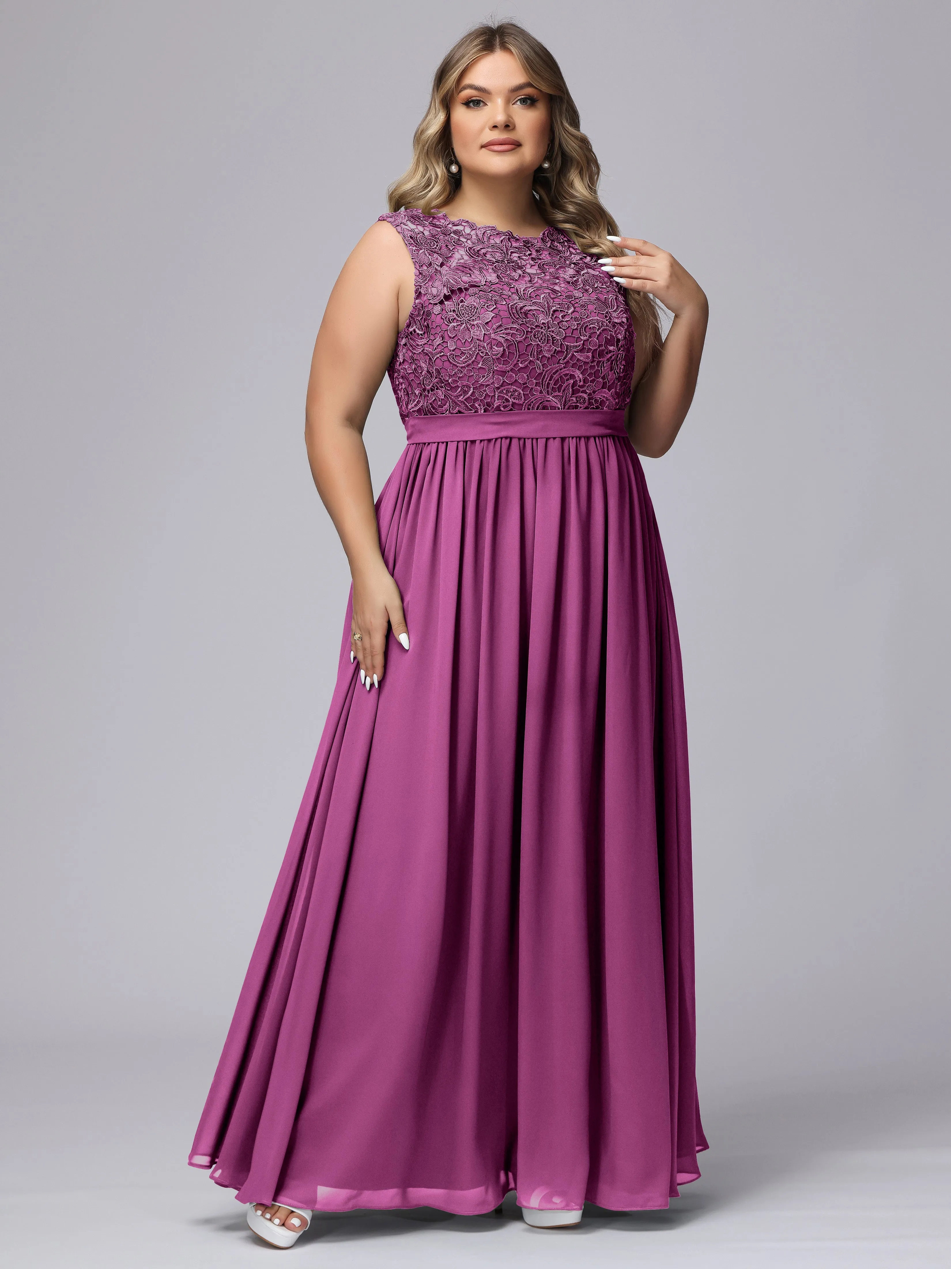 A-Line Sleeveless Lace Top Chiffon Plus Size Bridesmaid Dresses