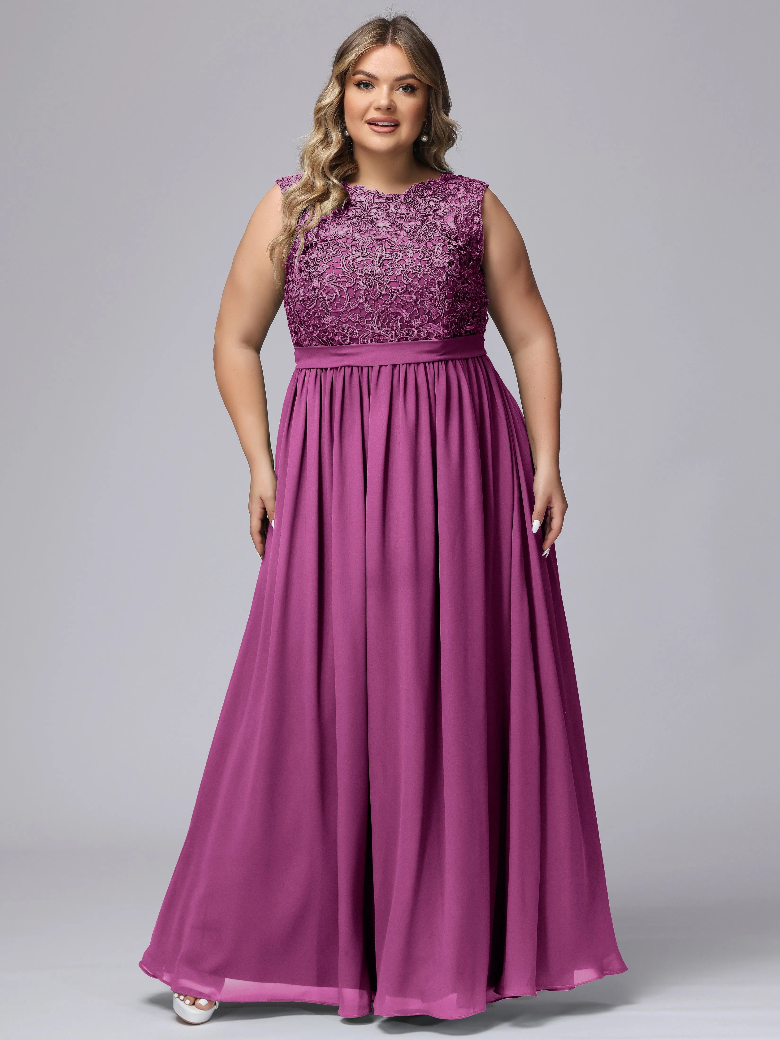 A-Line Sleeveless Lace Top Chiffon Plus Size Bridesmaid Dresses