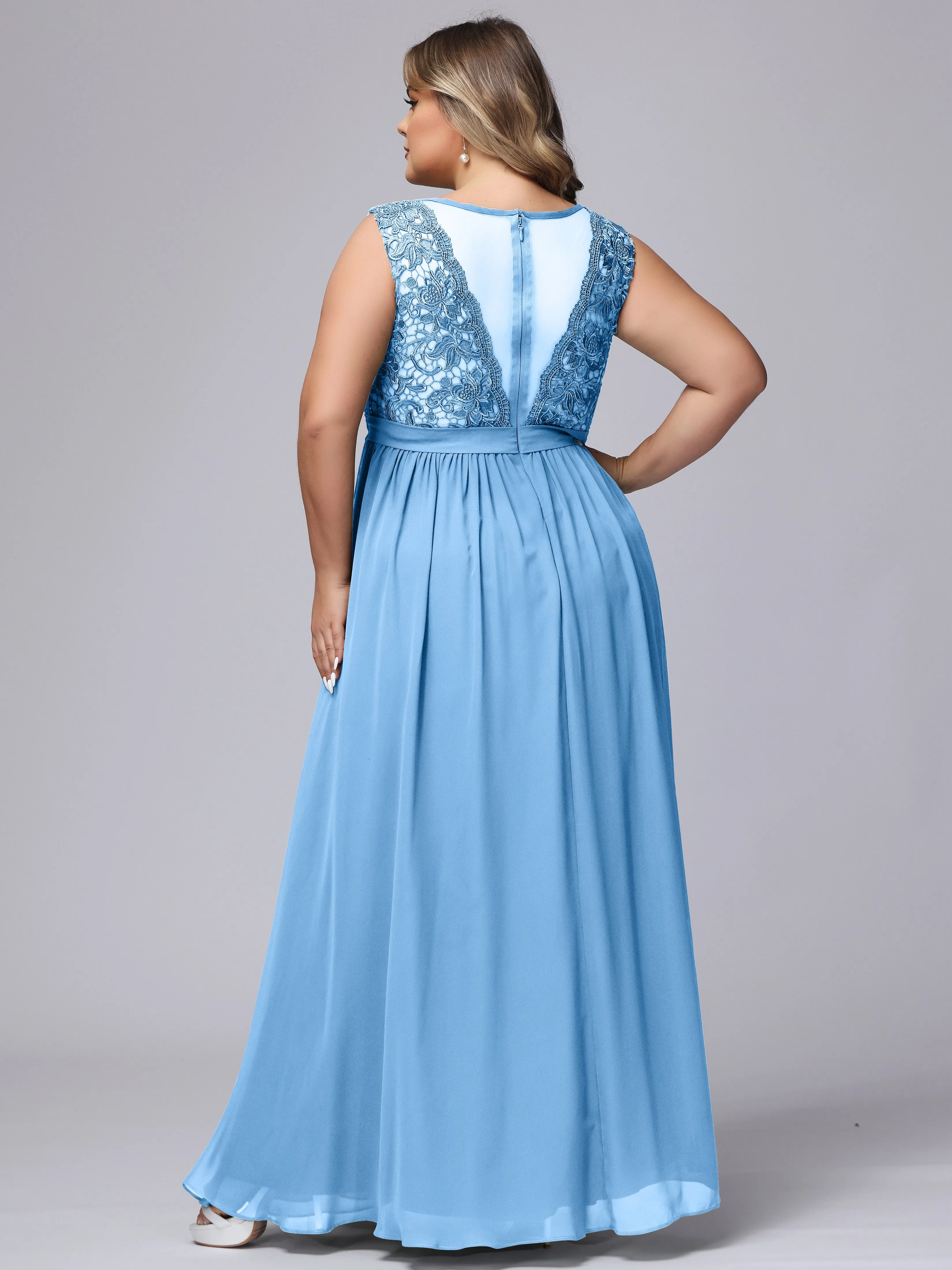 A-Line Sleeveless Lace Top Chiffon Plus Size Bridesmaid Dresses