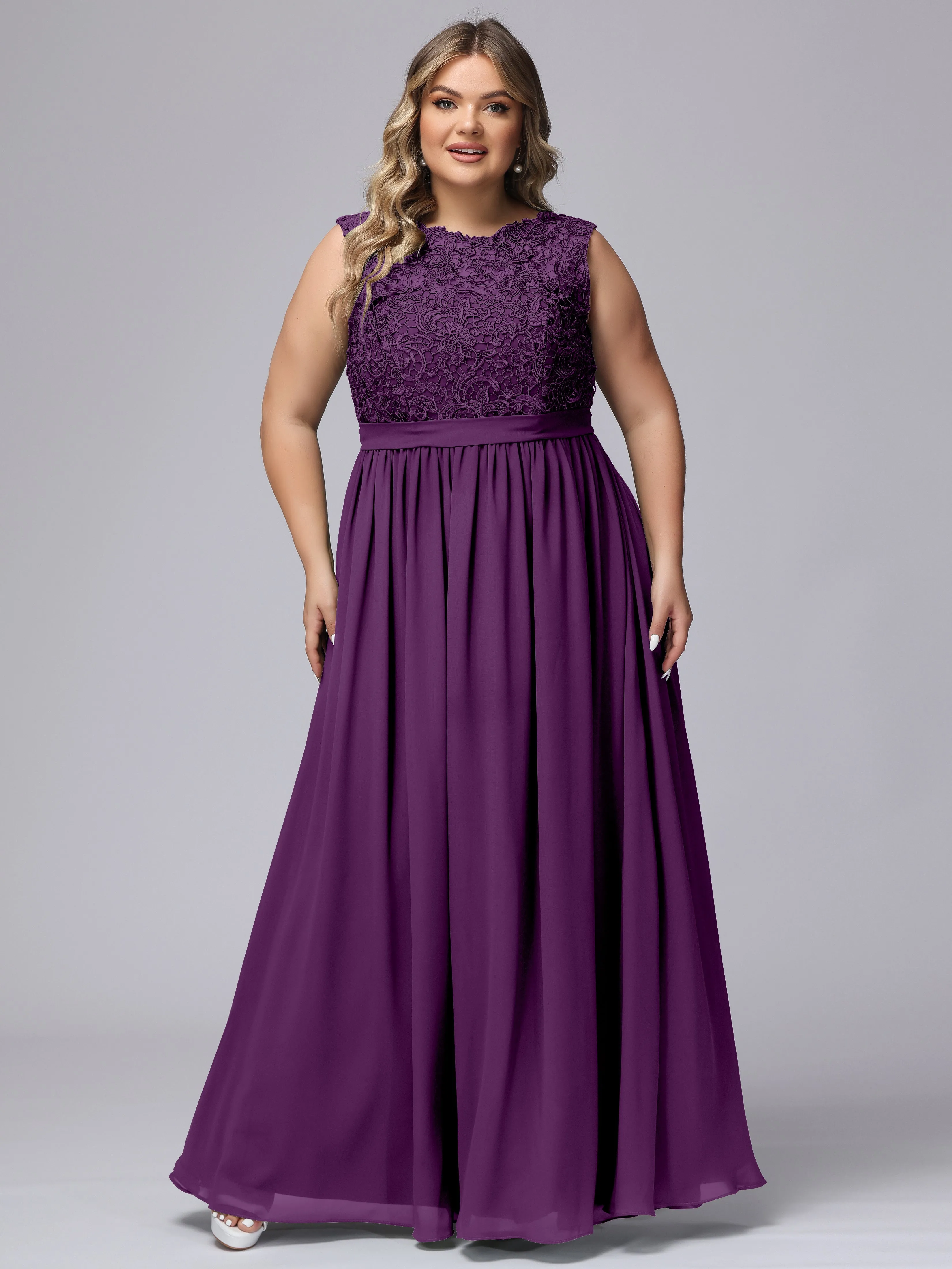 A-Line Sleeveless Lace Top Chiffon Plus Size Bridesmaid Dresses