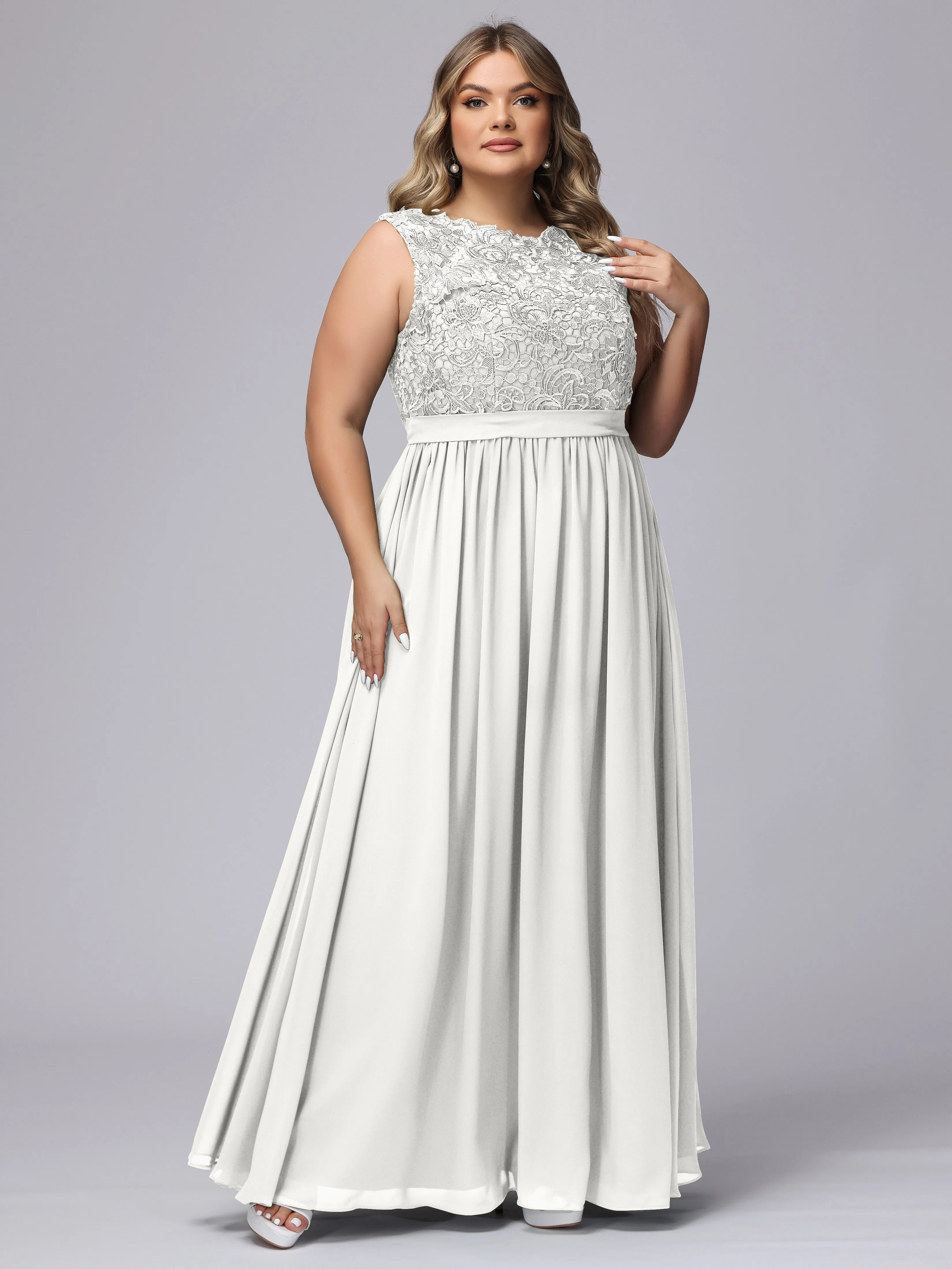 A-Line Sleeveless Lace Top Chiffon Plus Size Bridesmaid Dresses