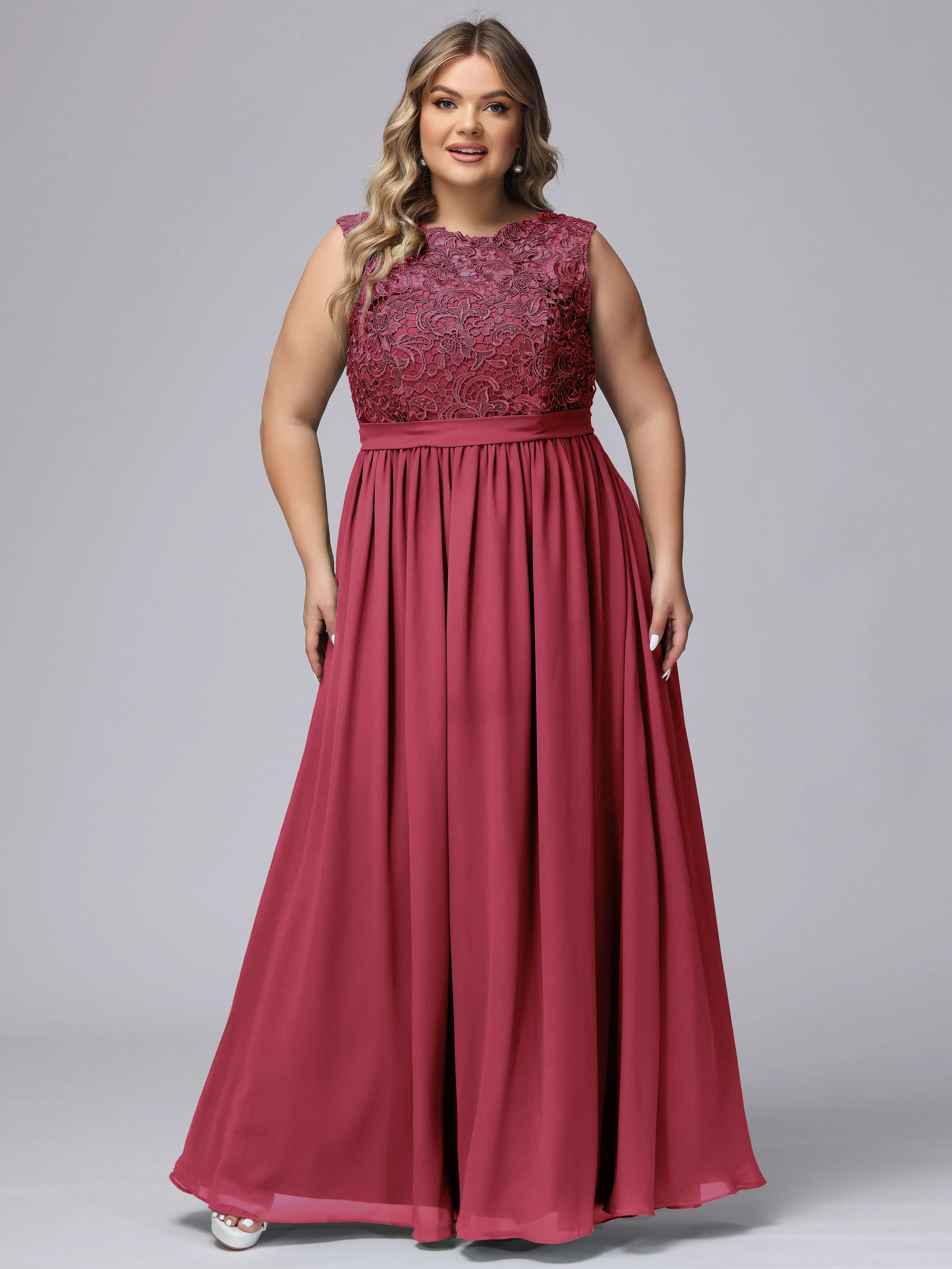 A-Line Sleeveless Lace Top Chiffon Plus Size Bridesmaid Dresses