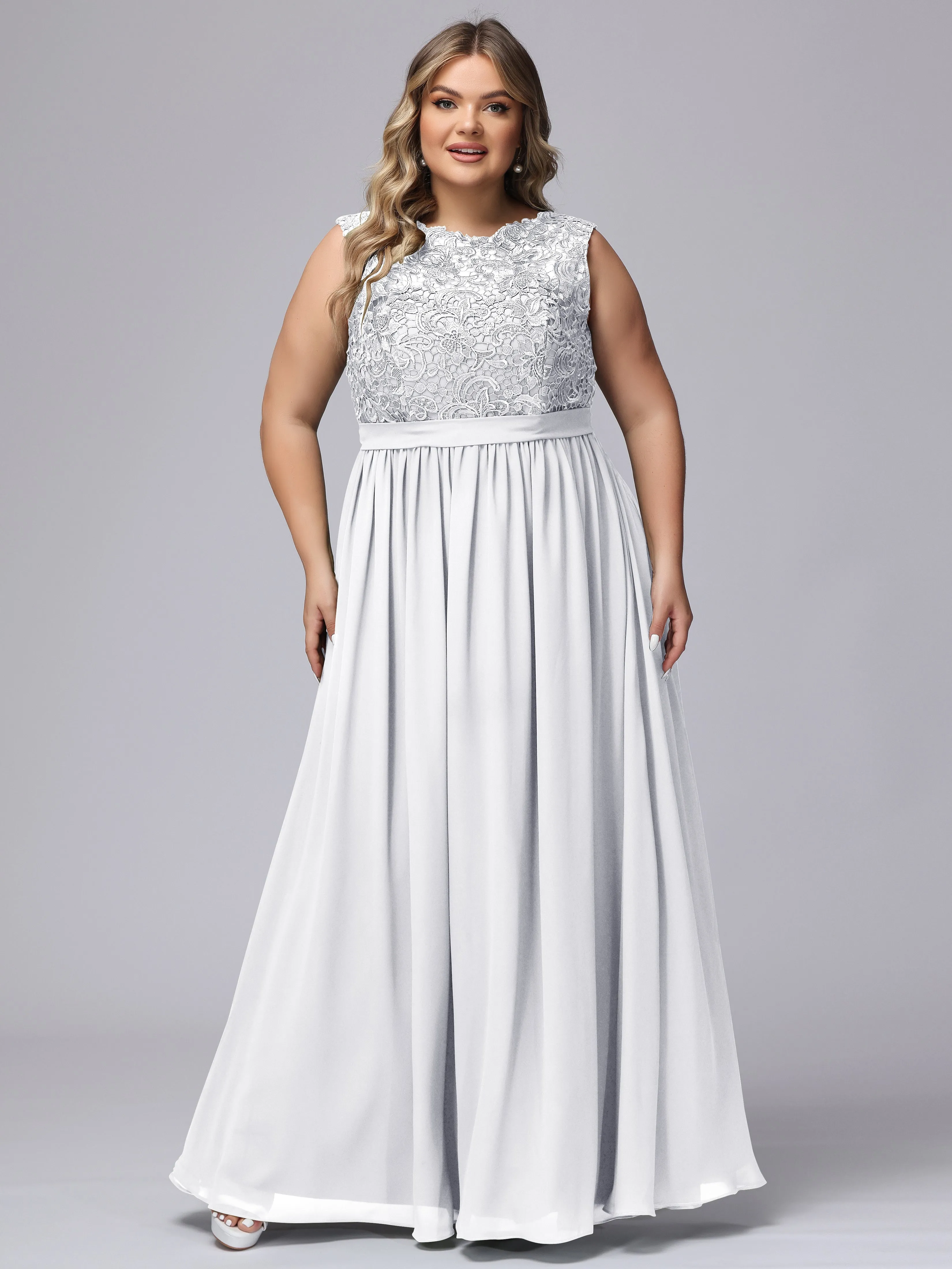 A-Line Sleeveless Lace Top Chiffon Plus Size Bridesmaid Dresses