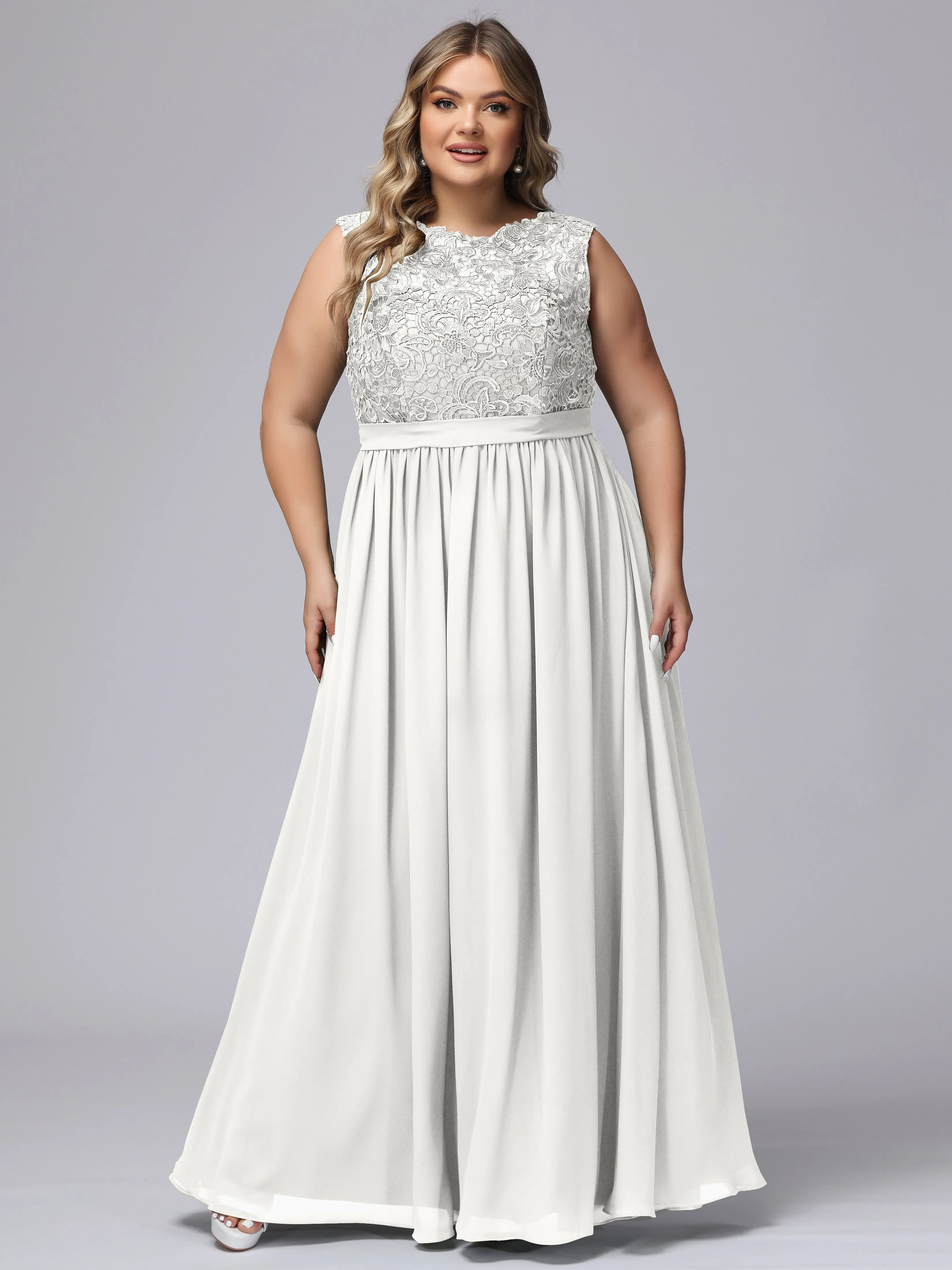 A-Line Sleeveless Lace Top Chiffon Plus Size Bridesmaid Dresses