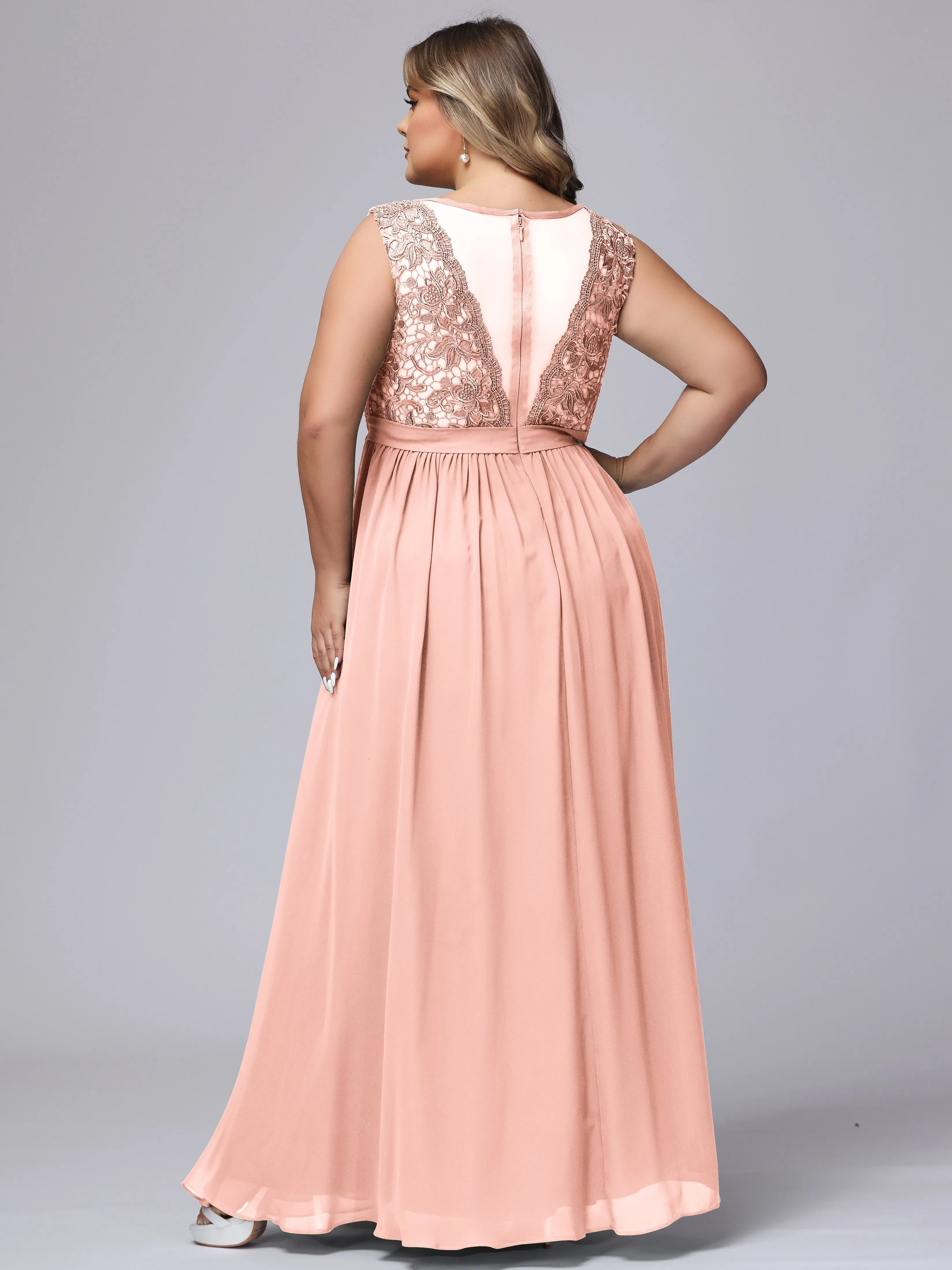 A-Line Sleeveless Lace Top Chiffon Plus Size Bridesmaid Dresses