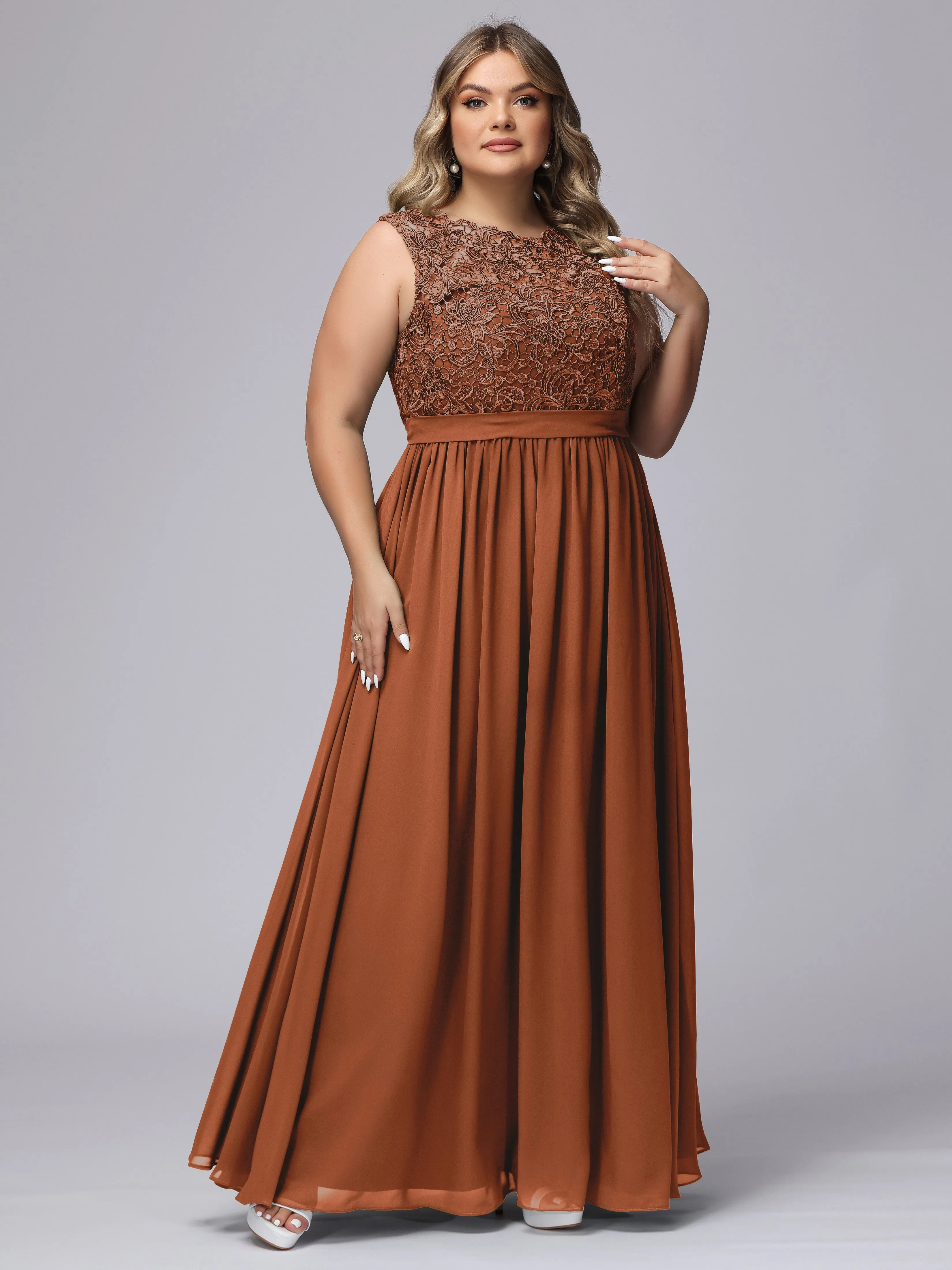 A-Line Sleeveless Lace Top Chiffon Plus Size Bridesmaid Dresses