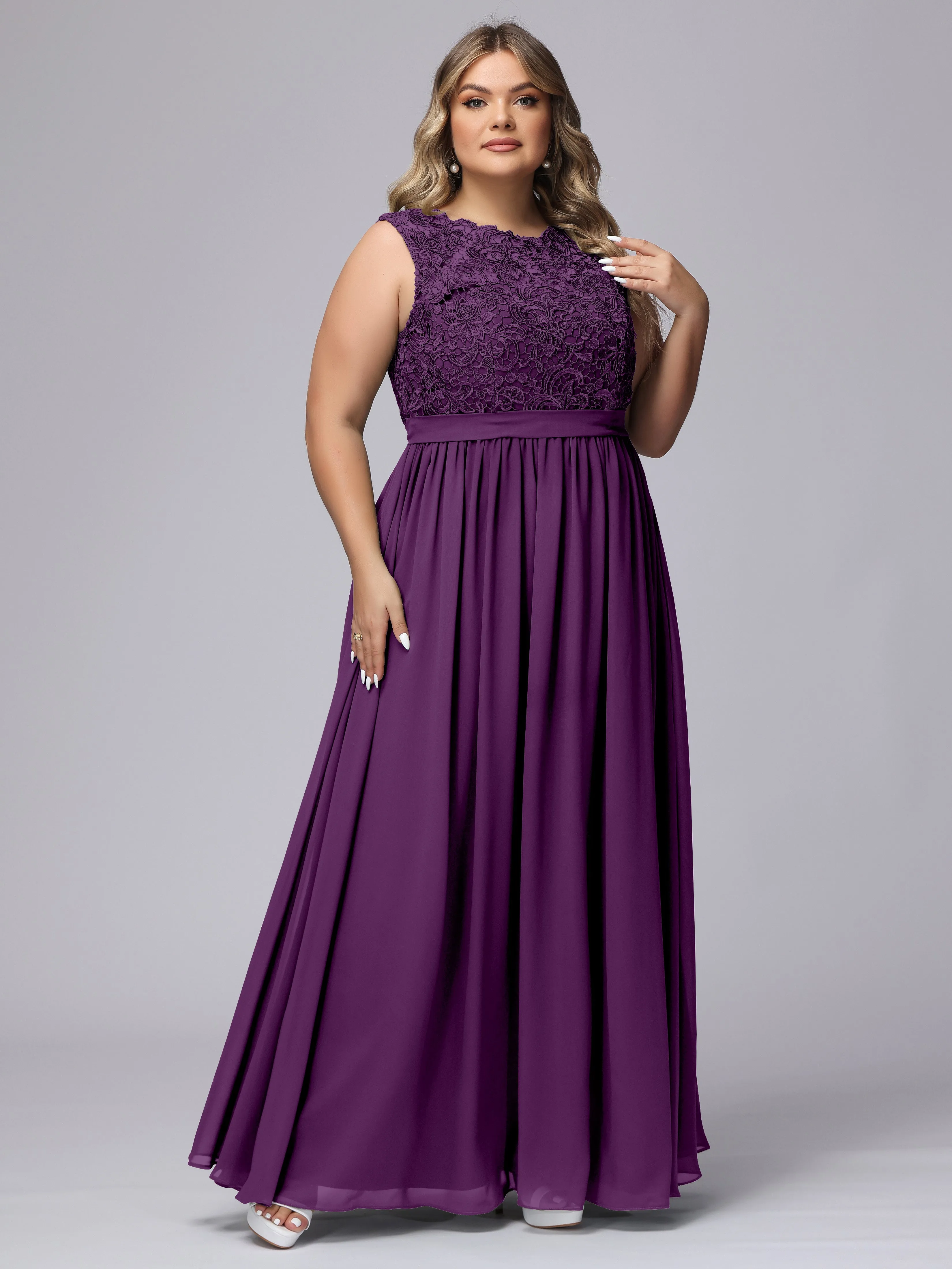 A-Line Sleeveless Lace Top Chiffon Plus Size Bridesmaid Dresses