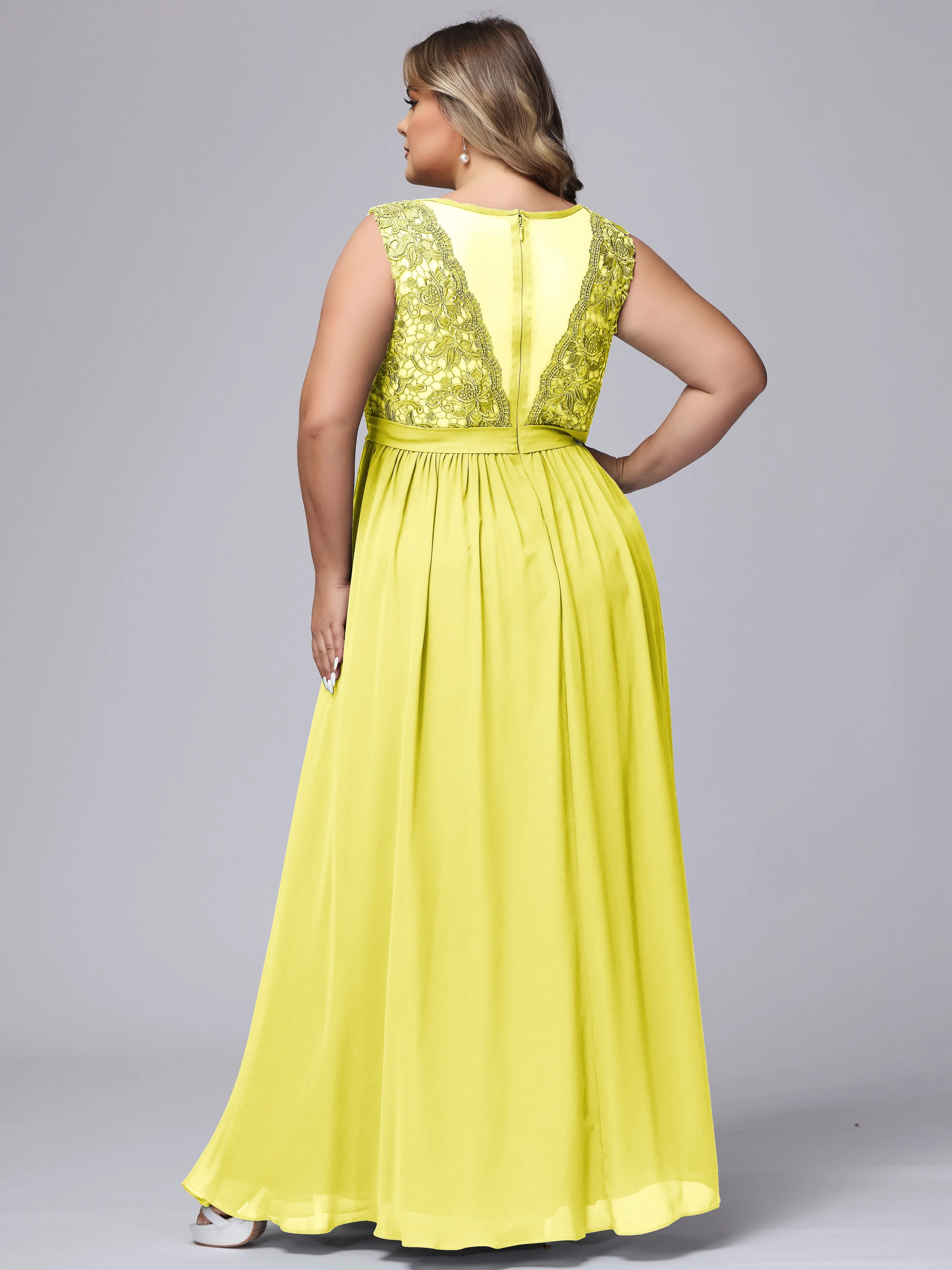 A-Line Sleeveless Lace Top Chiffon Plus Size Bridesmaid Dresses